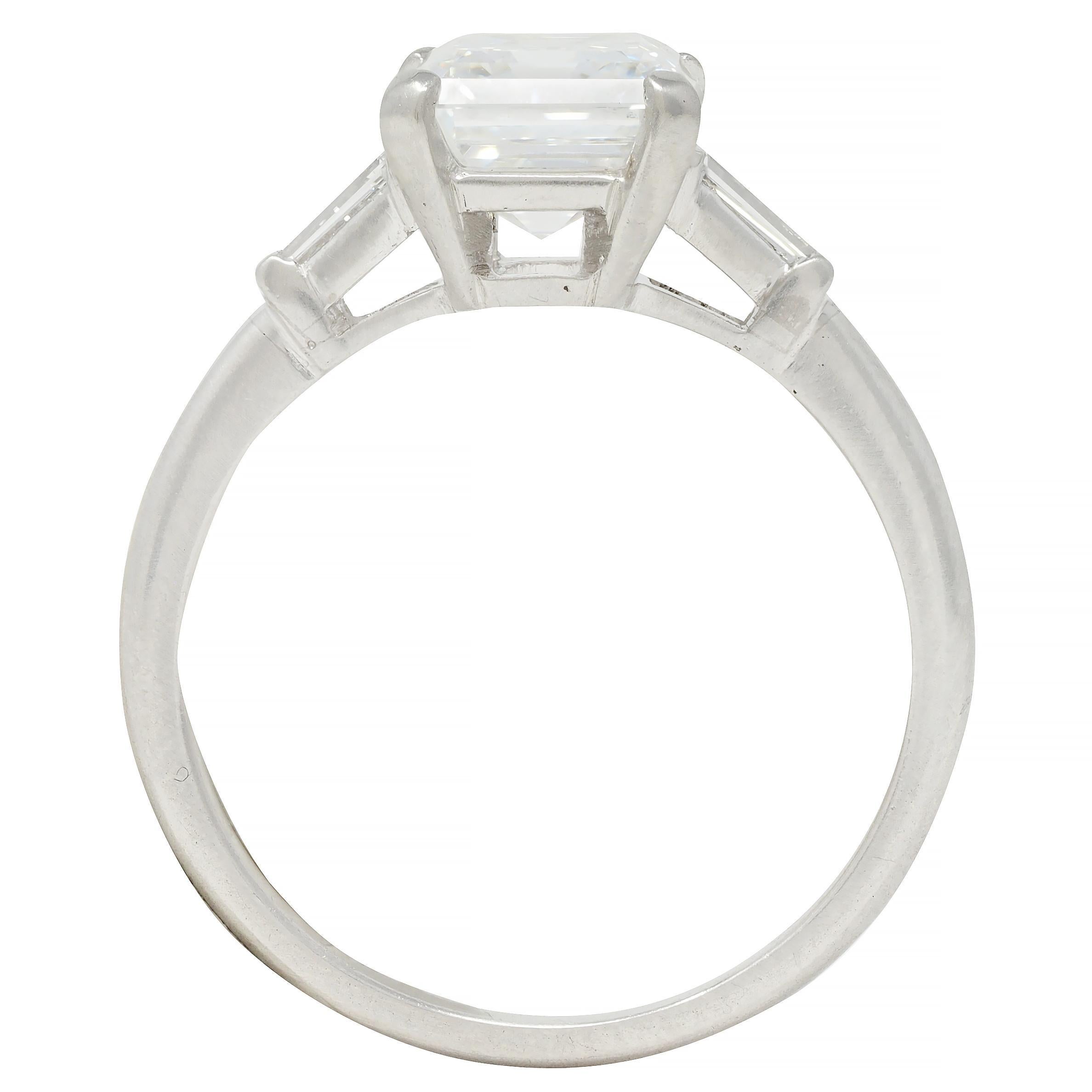 Mid-Century 2.17 CTW Emerald Cut Diamond Platinum Three Stone Engagement Ring For Sale 4