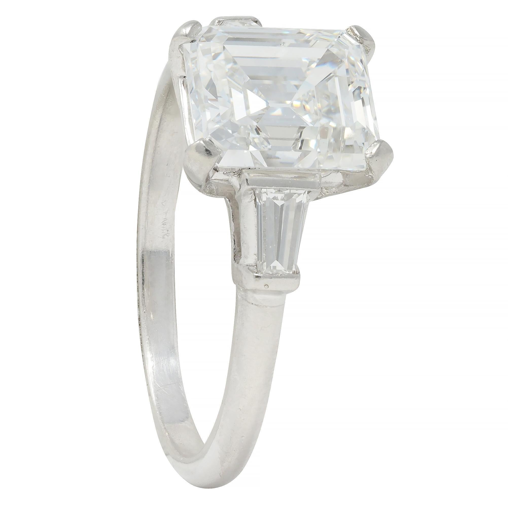 Mid-Century 2.17 CTW Emerald Cut Diamond Platinum Three Stone Engagement Ring For Sale 5