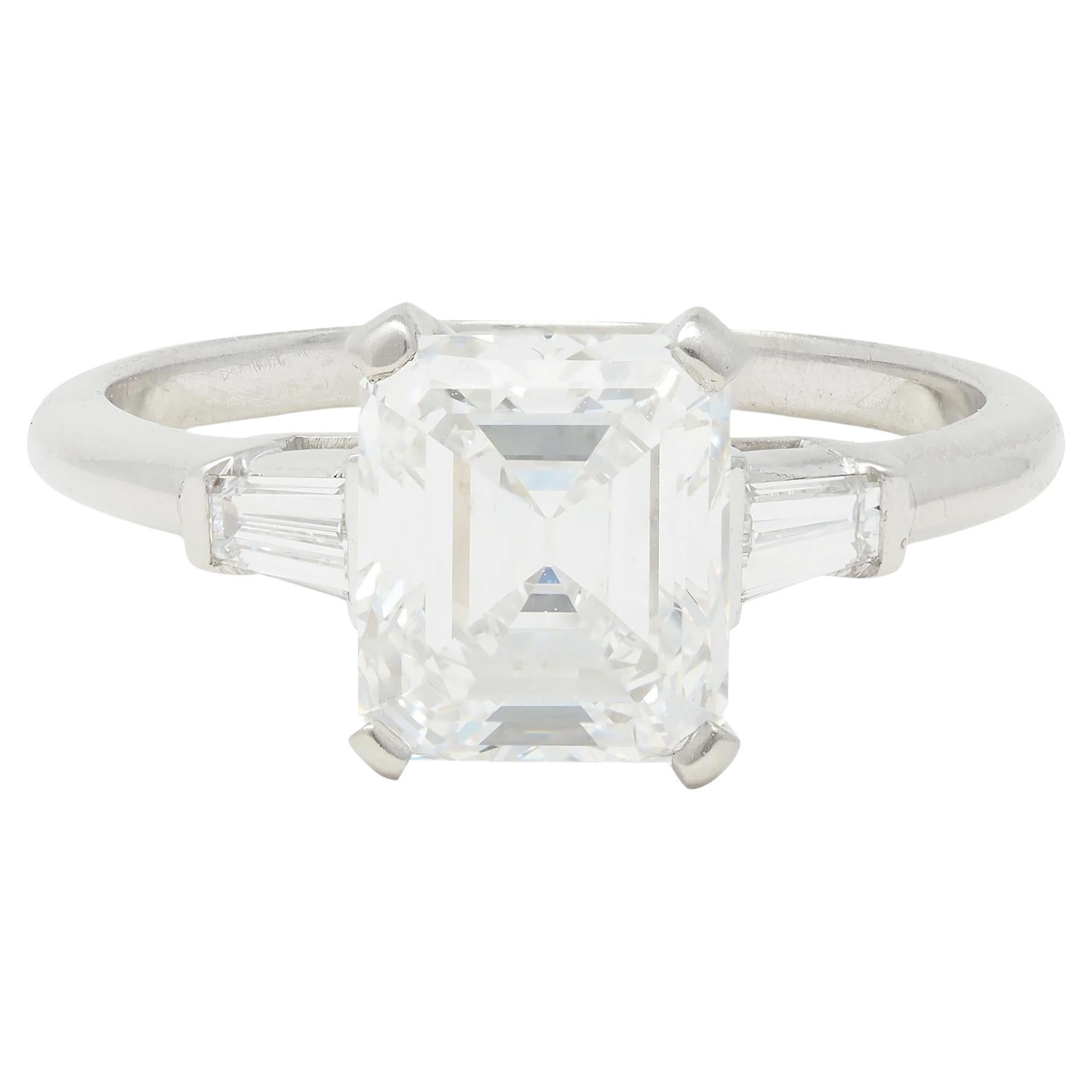 Mid-Century 2.17 CTW Emerald Cut Diamond Platinum Three Stone Engagement Ring For Sale