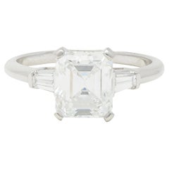 Vintage Mid-Century 2.17 CTW Emerald Cut Diamond Platinum Three Stone Engagement Ring