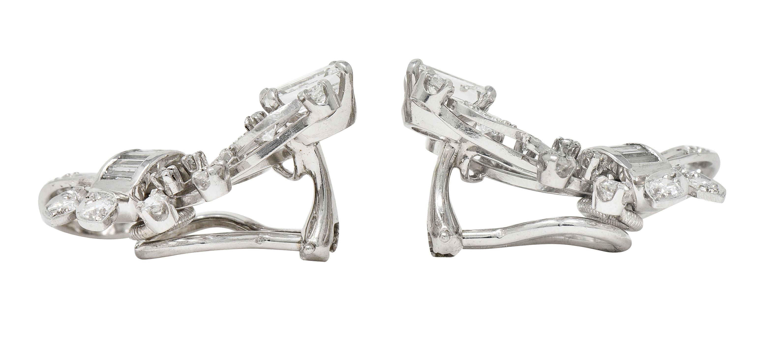 Women's or Men's Mid-Century 2.18 CTW Diamond Platinum Ribbon Foliate Vintage Ear-Clip Earrings For Sale