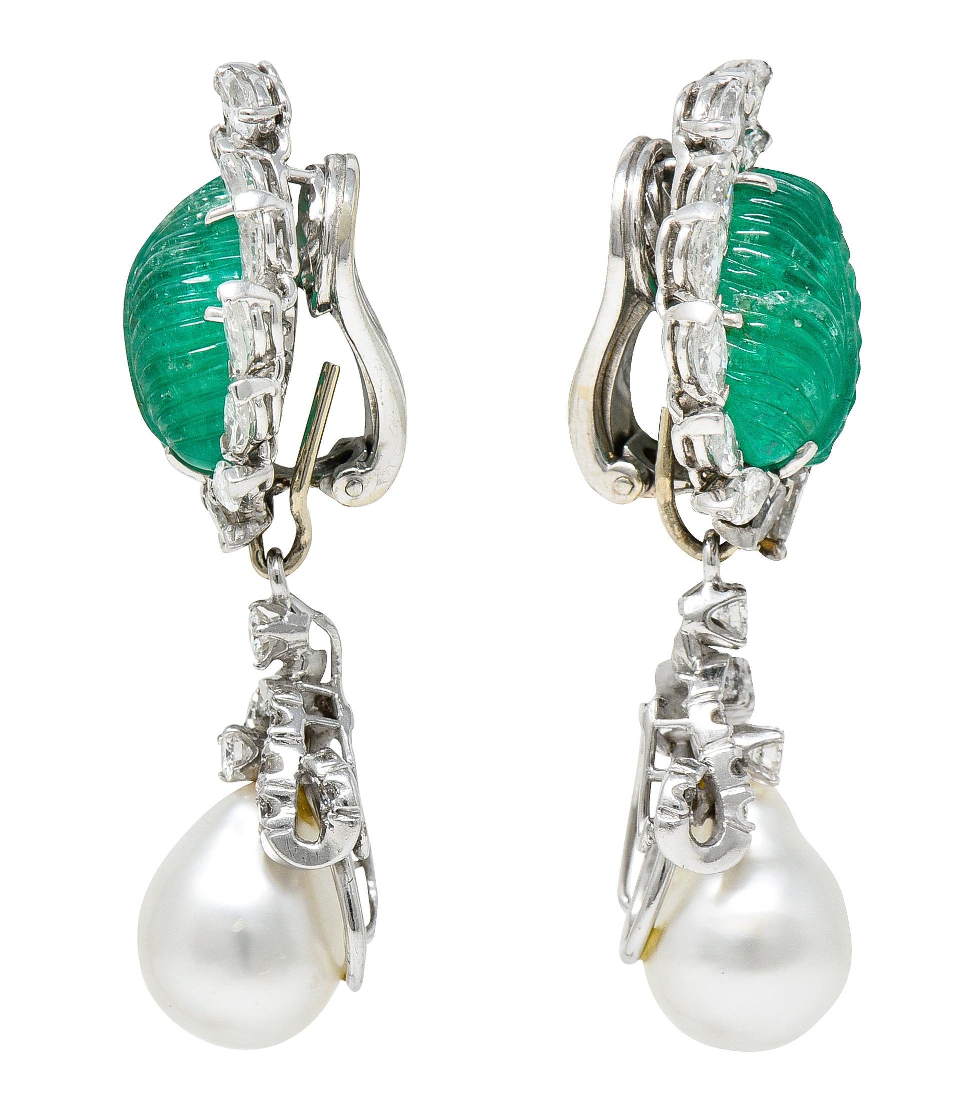 Modern Mid-Century 21.90 Carats Mughal Carved Emerald Diamond Pearl Platinum Earrings
