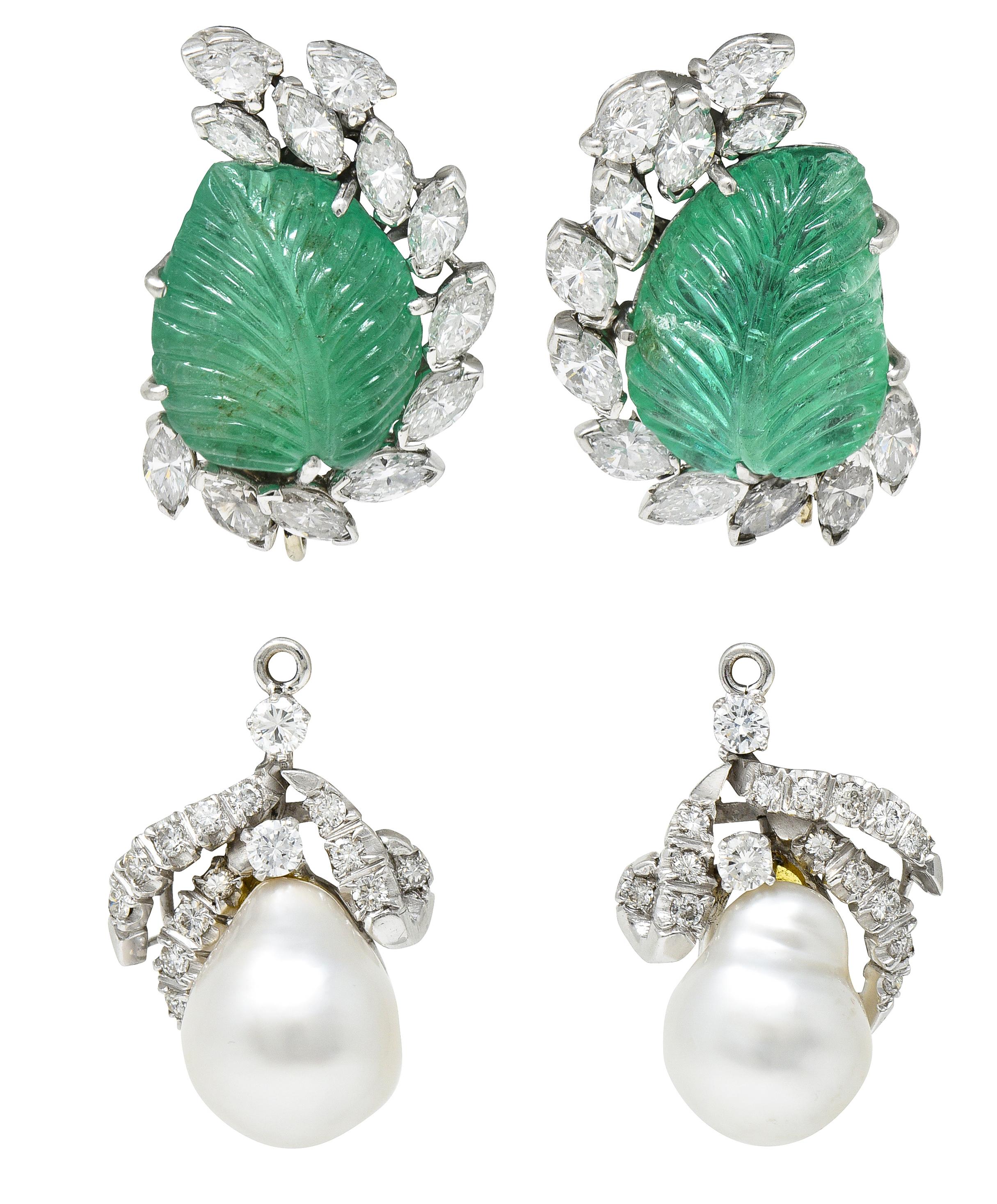 Pear Cut Mid-Century 21.90 Carats Mughal Carved Emerald Diamond Pearl Platinum Earrings