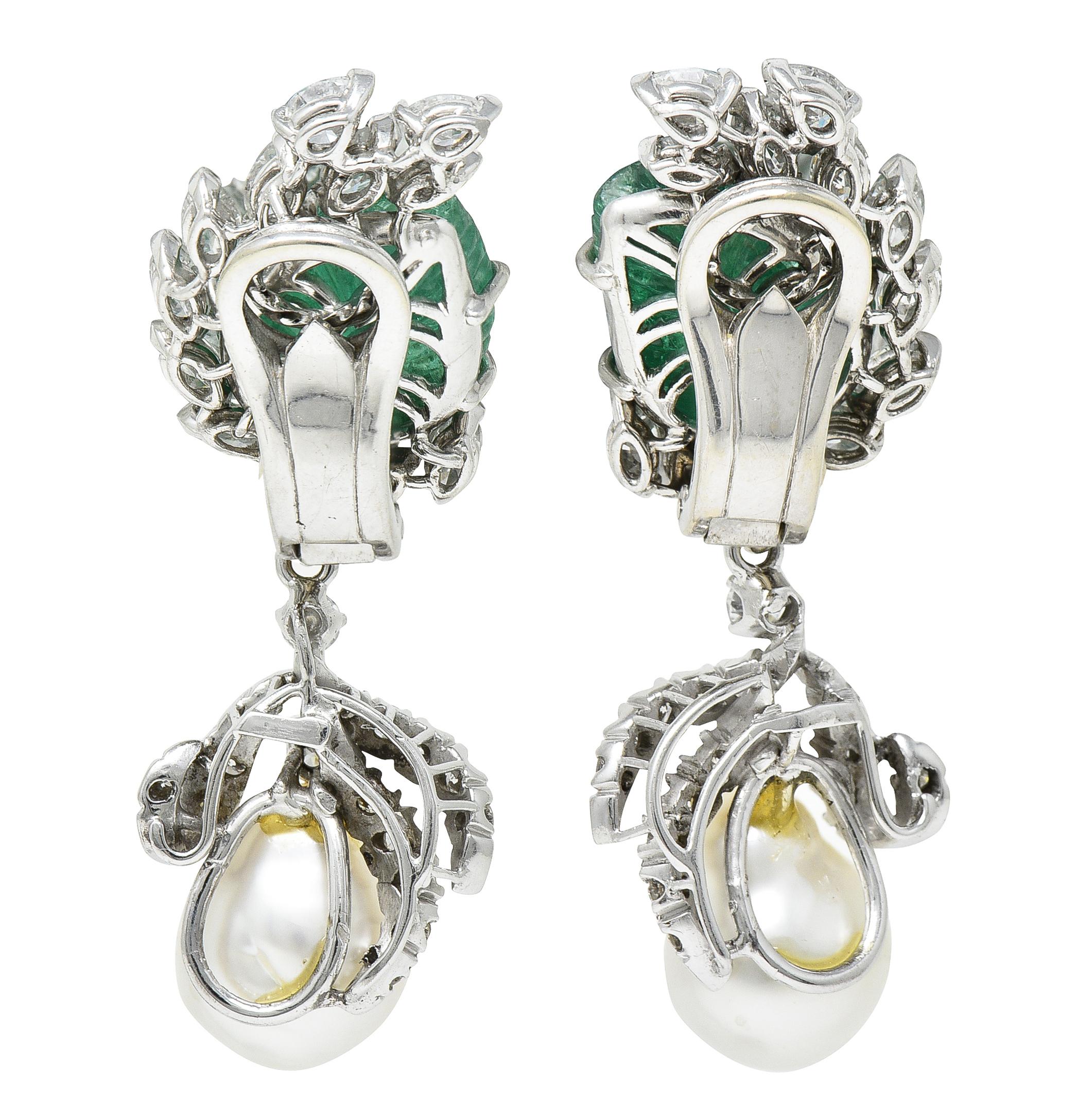Mid-Century 21.90 Carats Mughal Carved Emerald Diamond Pearl Platinum Earrings In Excellent Condition In Philadelphia, PA
