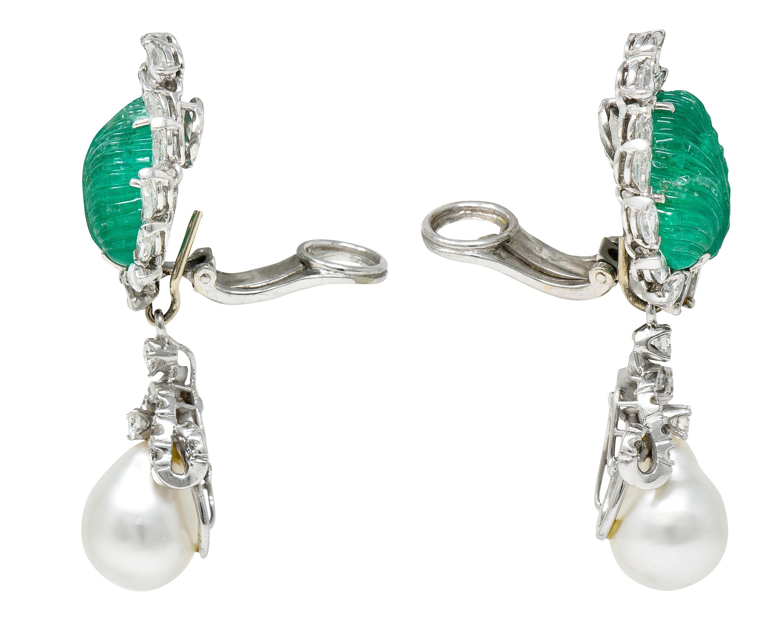 Women's or Men's Mid-Century 21.90 Carats Mughal Carved Emerald Diamond Pearl Platinum Earrings