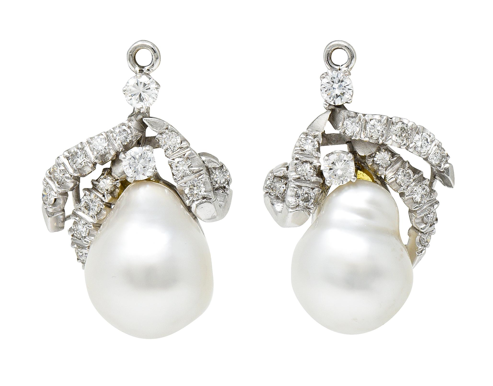 Mid-Century 21.90 Carats Mughal Carved Emerald Diamond Pearl Platinum Earrings 1