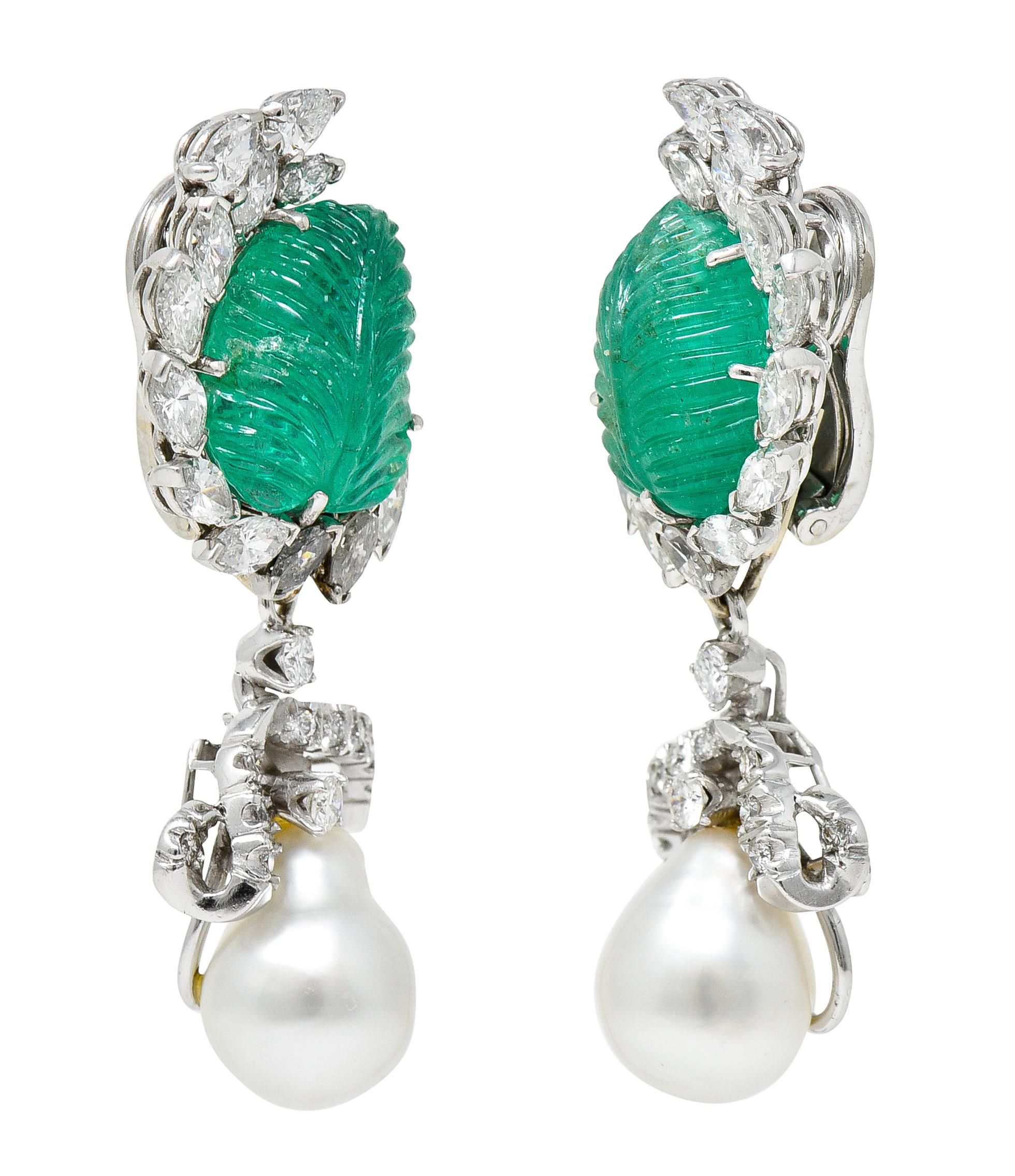 Mid-Century 21.90 Carats Mughal Carved Emerald Diamond Pearl Platinum Earrings 2