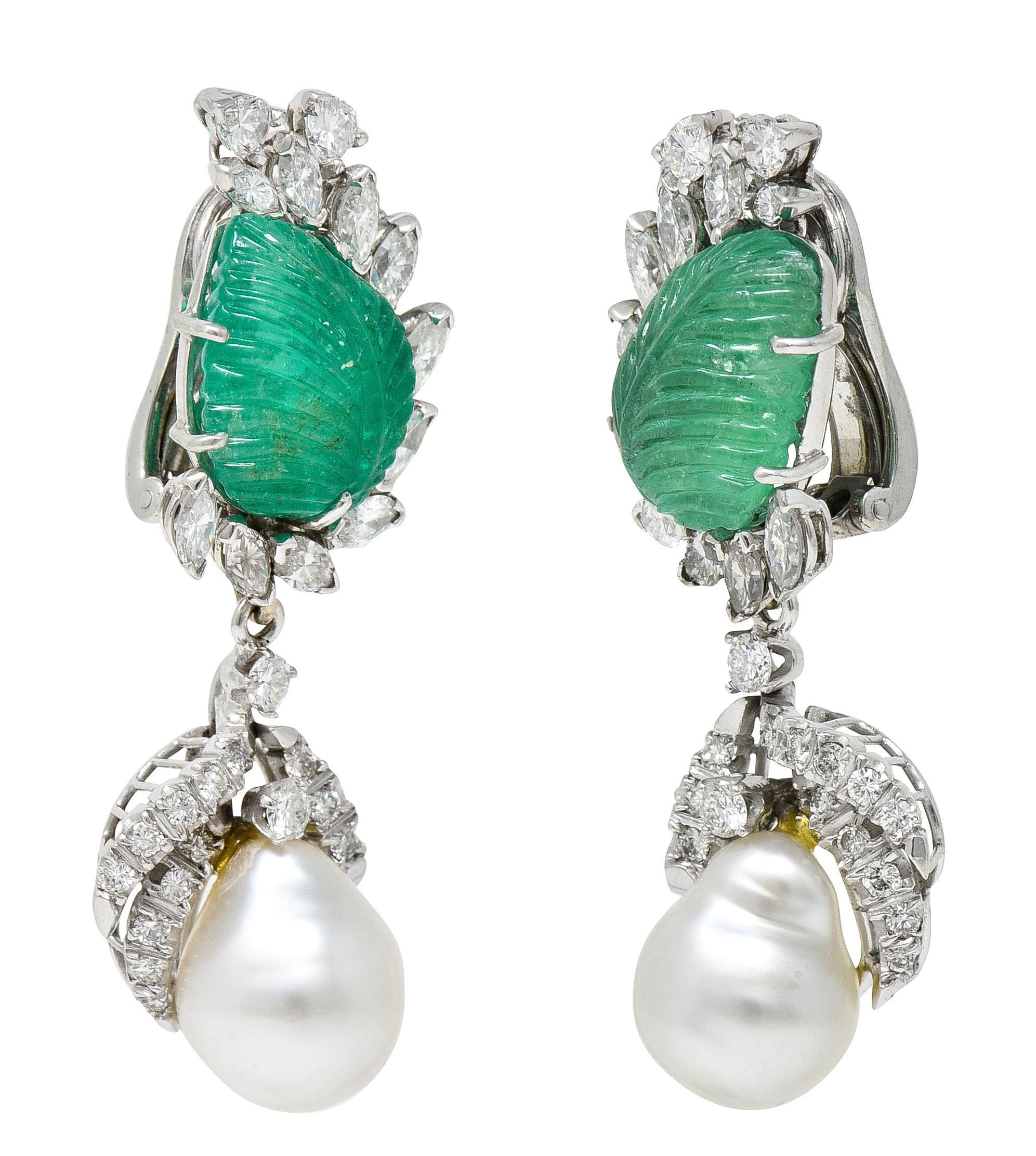 Mid-Century 21.90 Carats Mughal Carved Emerald Diamond Pearl Platinum Earrings 3