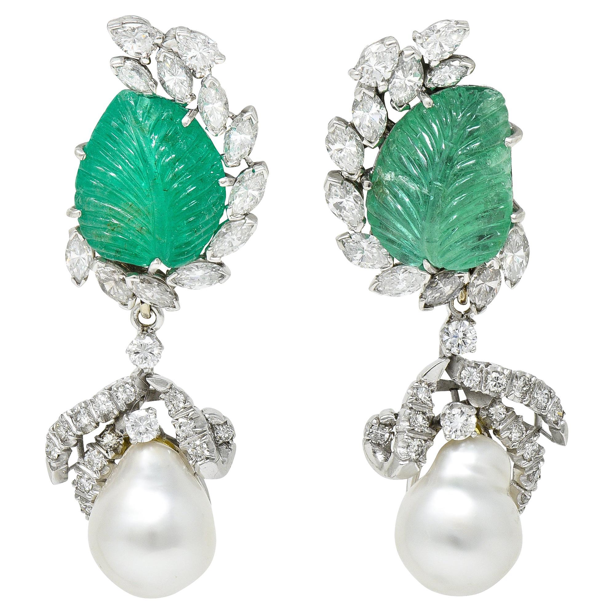 Mid-Century 21.90 Carats Mughal Carved Emerald Diamond Pearl Platinum Earrings
