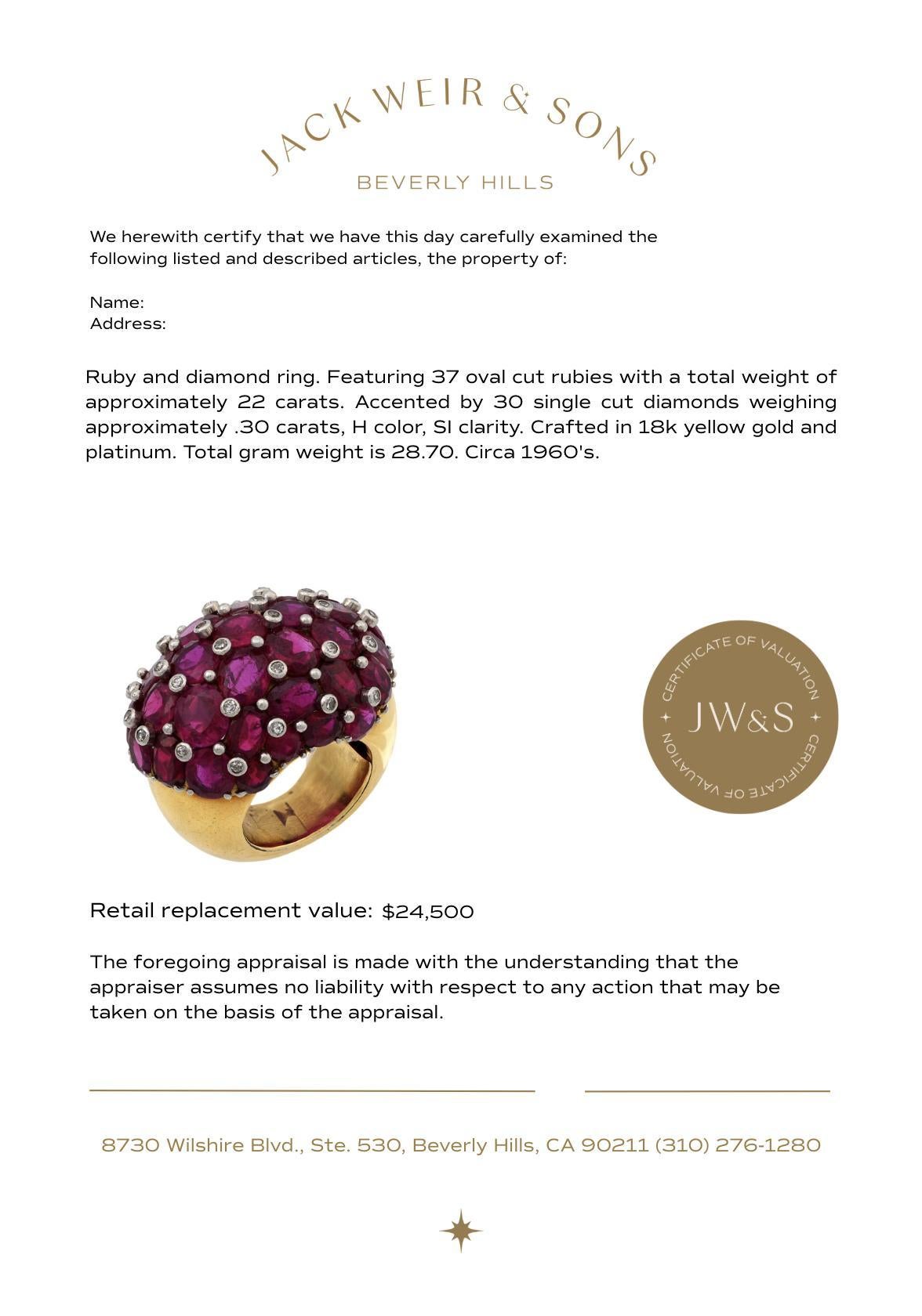 Mid Century 22 carat total weight ruby diamond 18k yellow gold cocktail ring In Good Condition For Sale In Beverly Hills, CA