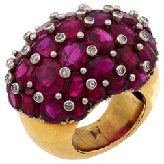 Mid Century 22 quilates de peso total rubí diamante 18k anillo de cóctel de oro amarillo