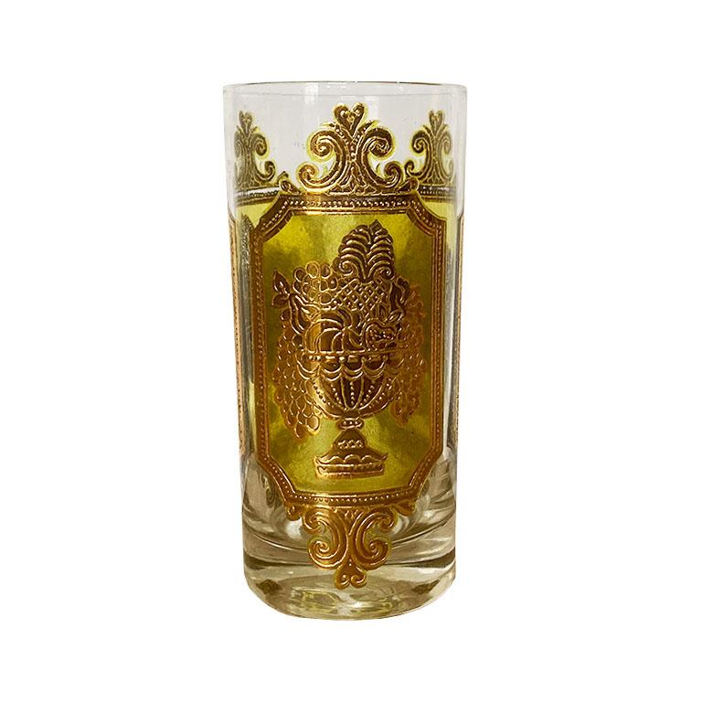 A set of five midcentury glasses by Culver. This beautiful set is decorated in a bright lime green with 22-karat gold intricate stylized designs. Each glass depicts a bouquet of flowers in gold, on a bright translucent lime green background framed