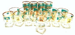 Mid-Century 22-Karat Gold & Turquoise "River Boat" Glass Drinks, Set/18