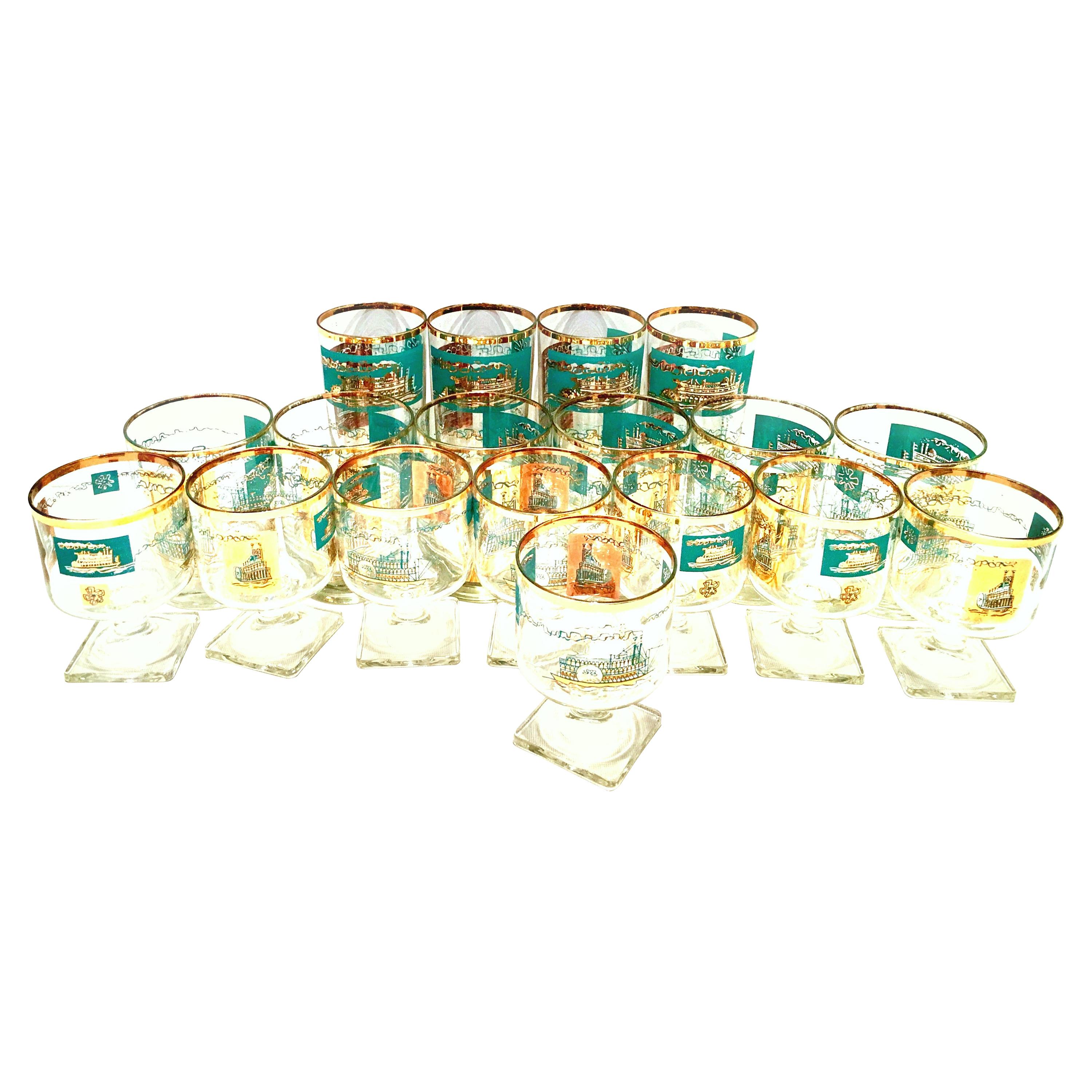 Midcentury 22-Karat Gold & Turquoise "River Boat" Glass Drinks, Set of 18