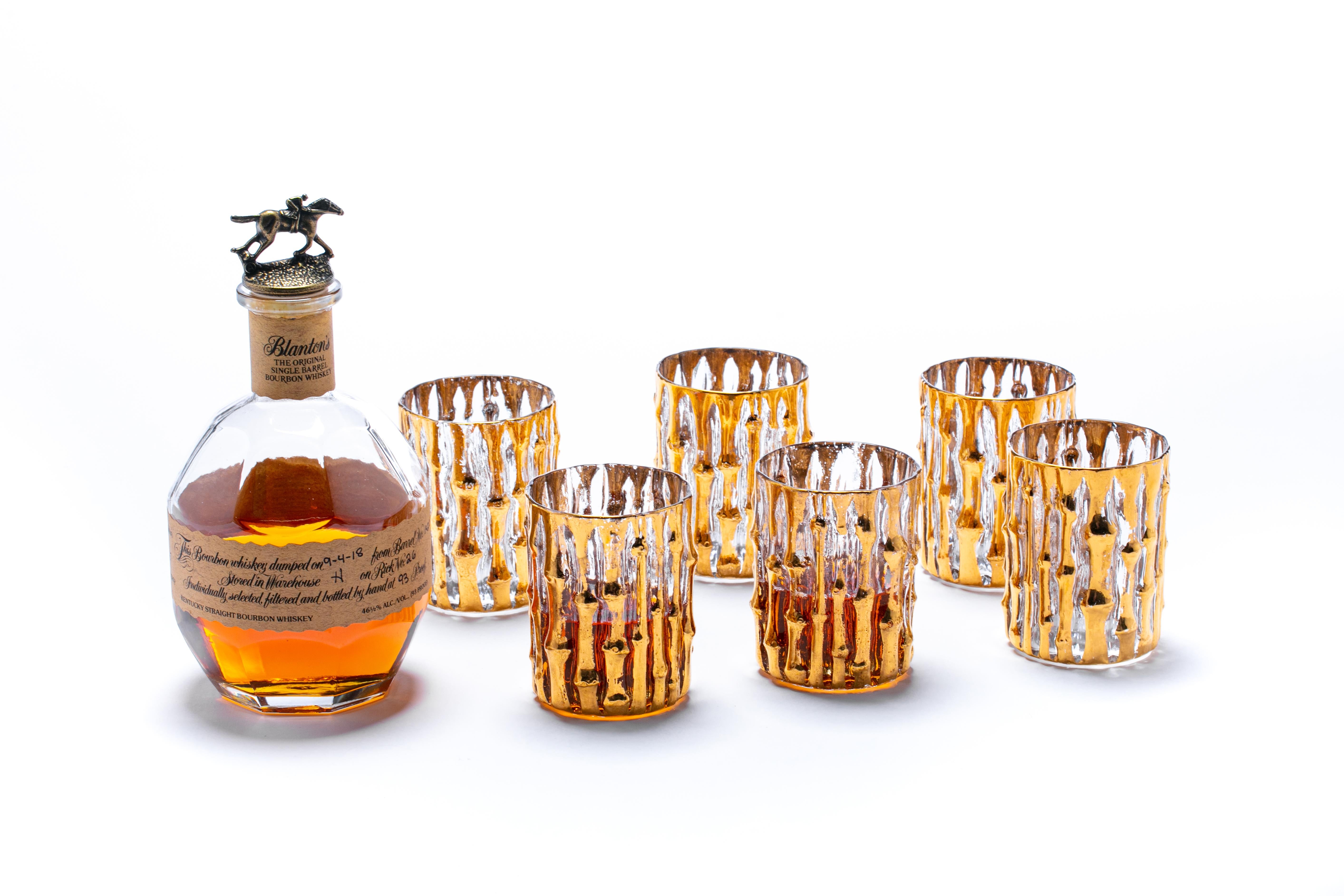 Mid Century 22-Karat Hand Painted Bamboo Whiskey Glasses Set of 6 circa 1965 For Sale 2