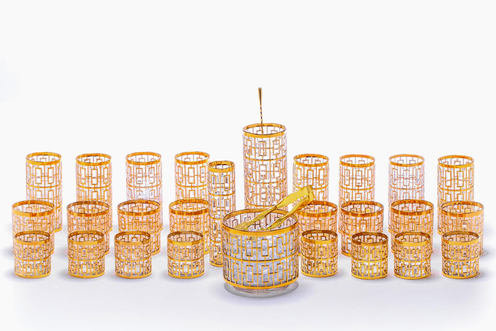 Mid-20th Century Mid Century 22-Karat Hand Painted Bamboo Whiskey Glasses Set of 6 circa 1965 For Sale