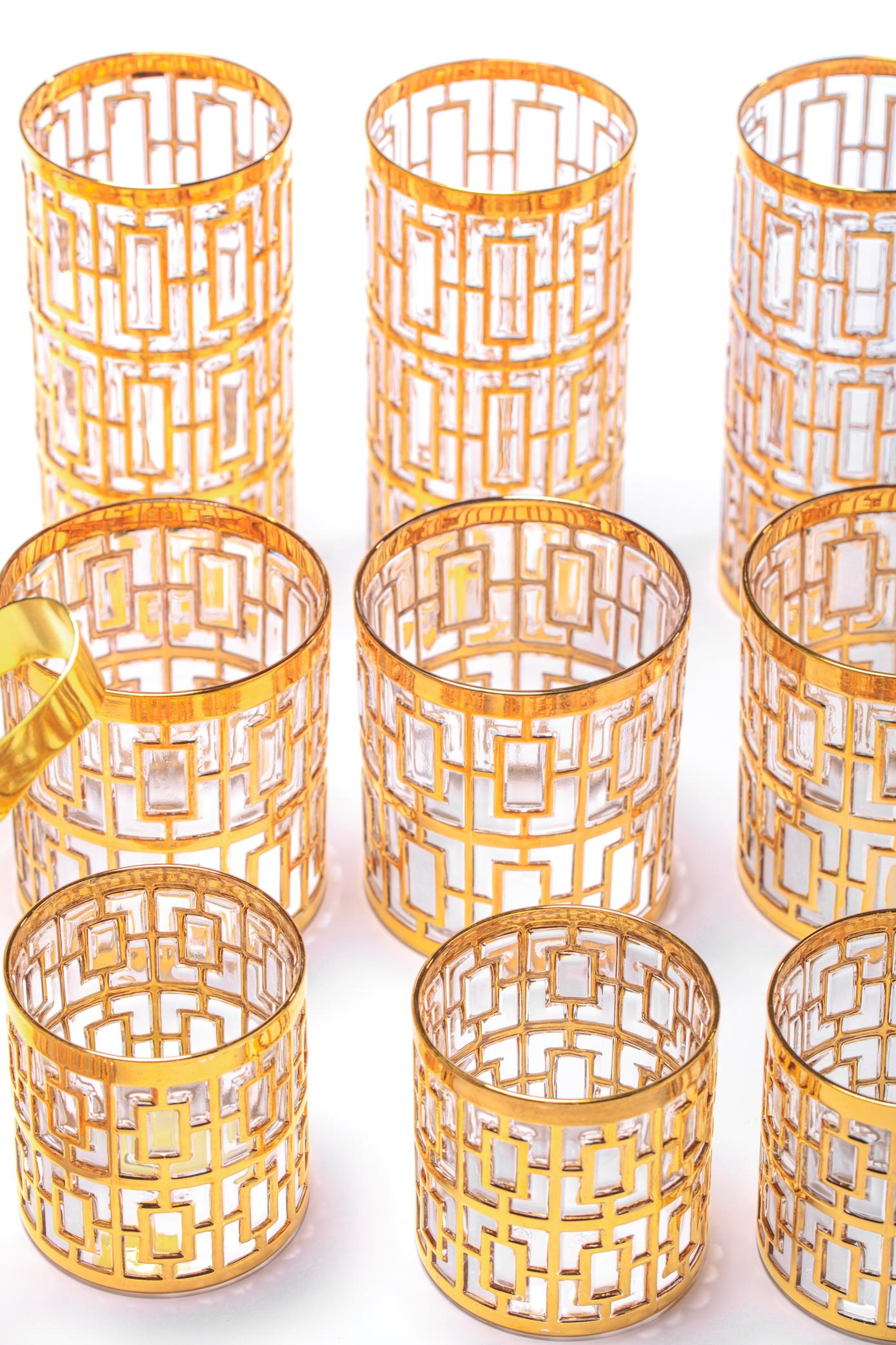 Mid Century 22-Karat Hand Painted Bamboo Whiskey Glasses Set of 6 circa 1965 For Sale 1