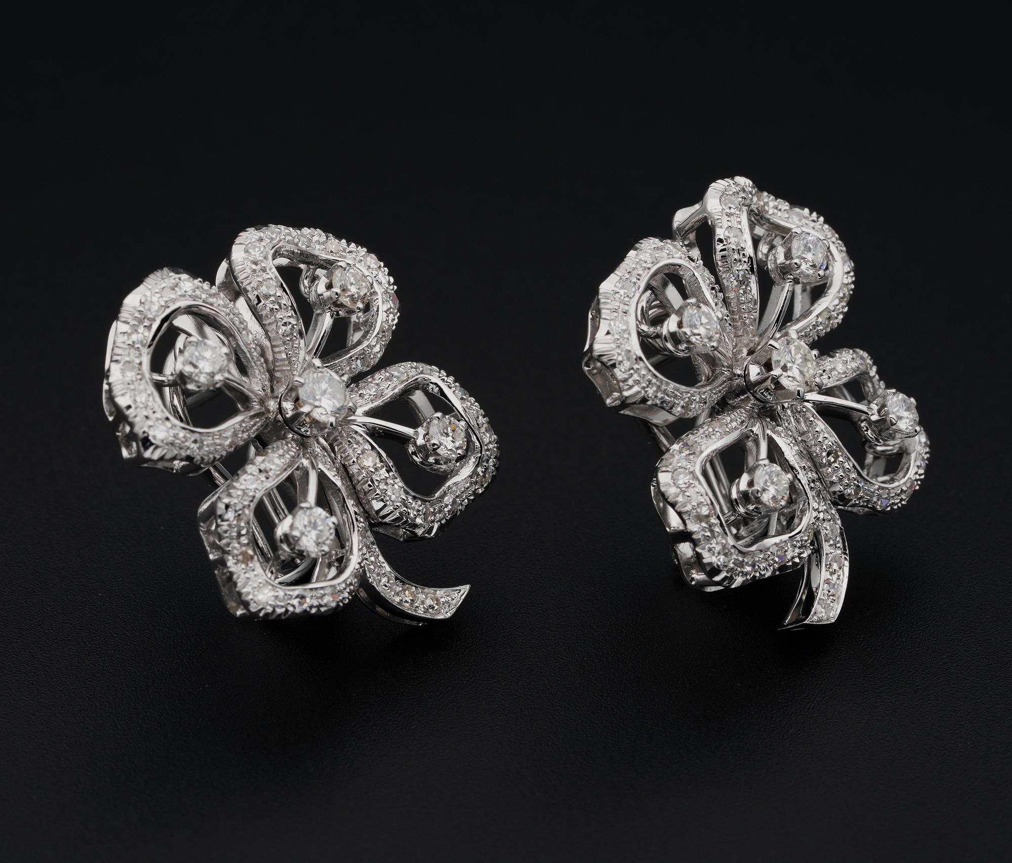 Brilliant Cut Mid Century 2.20 Ct Diamond Large Pansy Flower Earclips For Sale