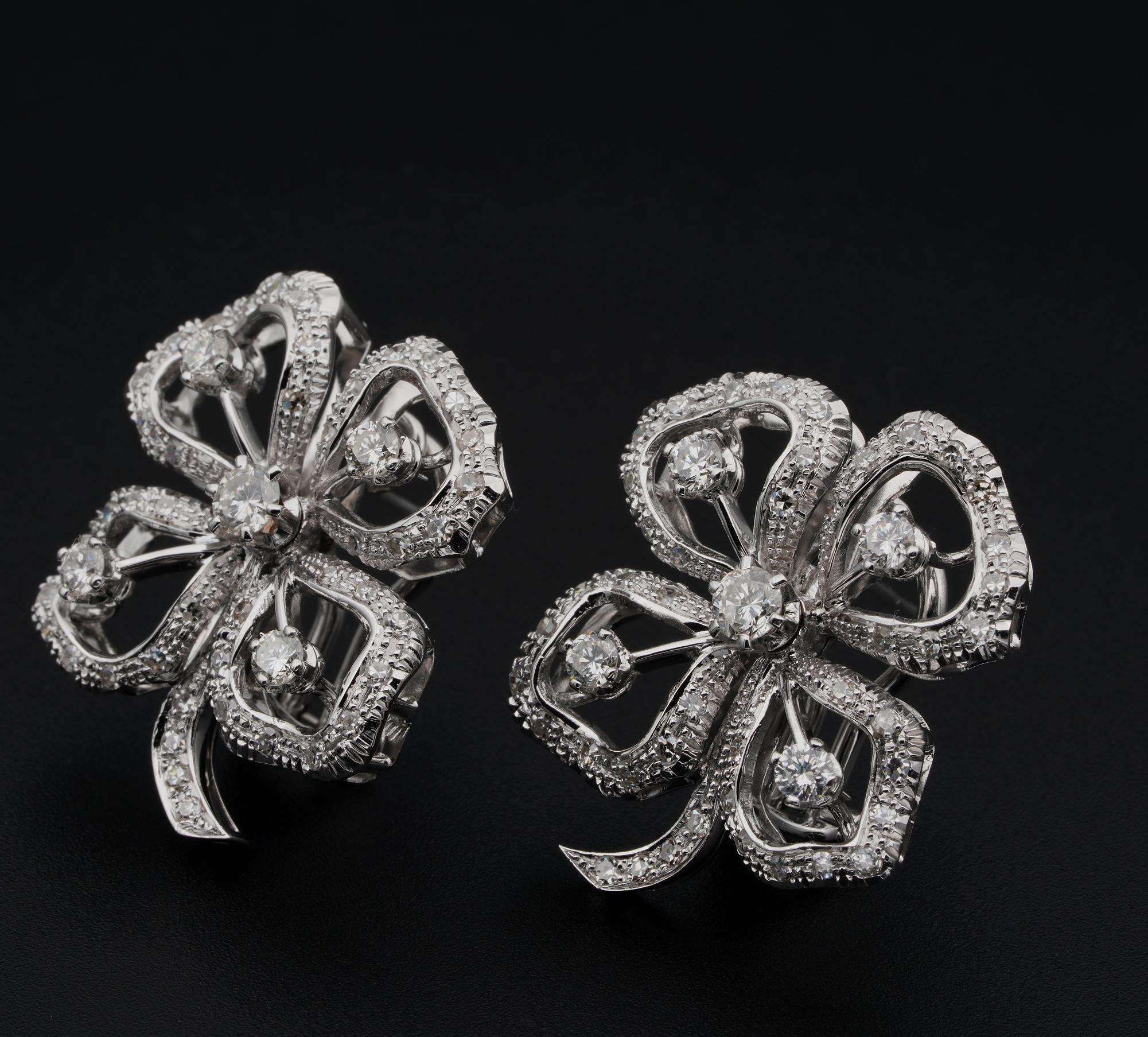 Women's or Men's Mid Century 2.20 Ct Diamond Large Pansy Flower Earclips For Sale