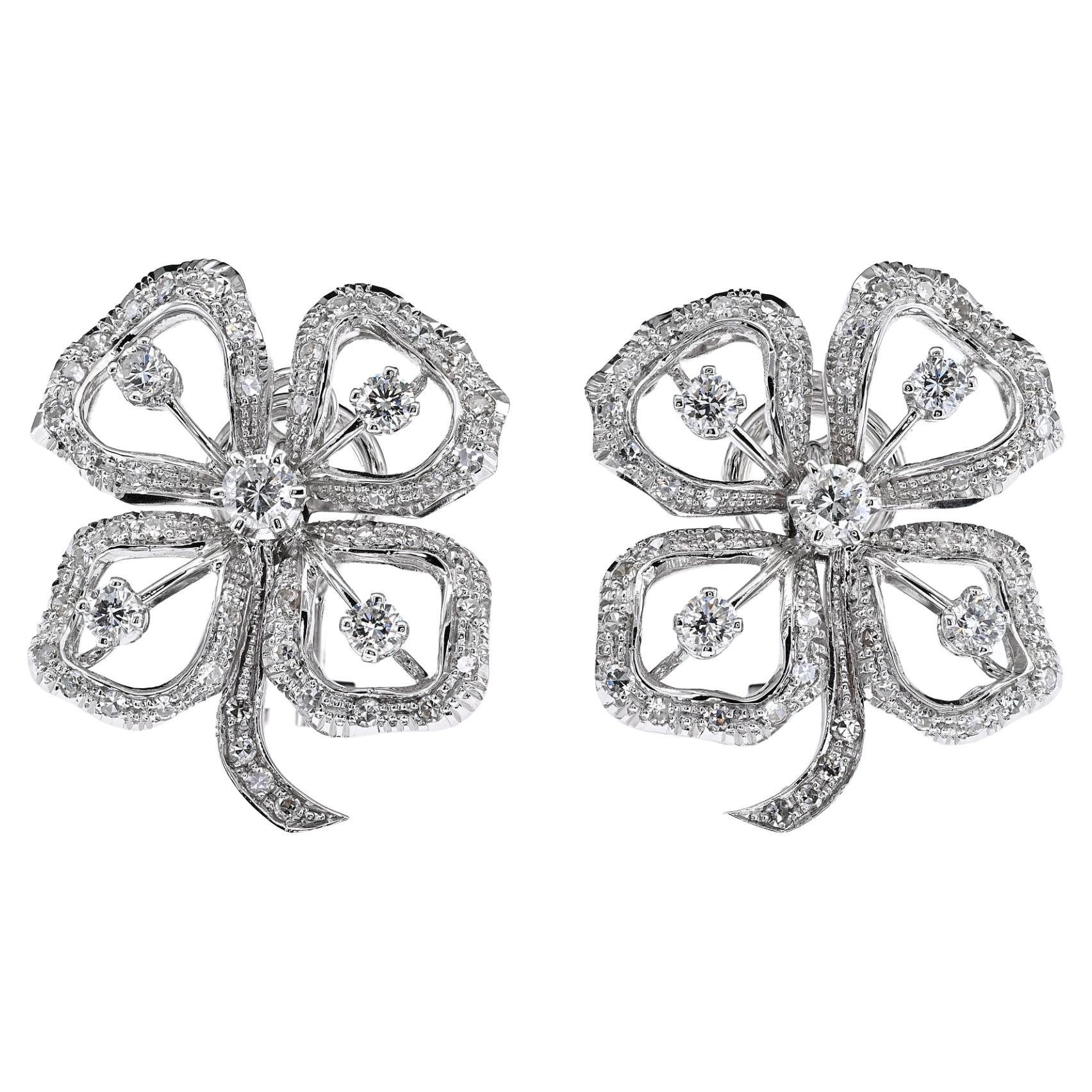 Mid Century 2.20 Ct Diamond Large Pansy Flower Earclips