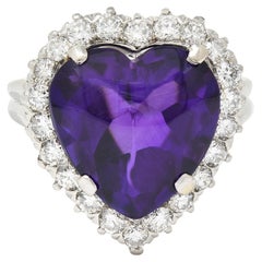 Mid-Century 2.20 CTW Amethyst Diamond Platinum Vintage Heart Halo Ring