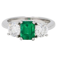 Mid-Century 2.27 CTW Emerald Diamond Platinum Vintage Three Stone Ring GIA