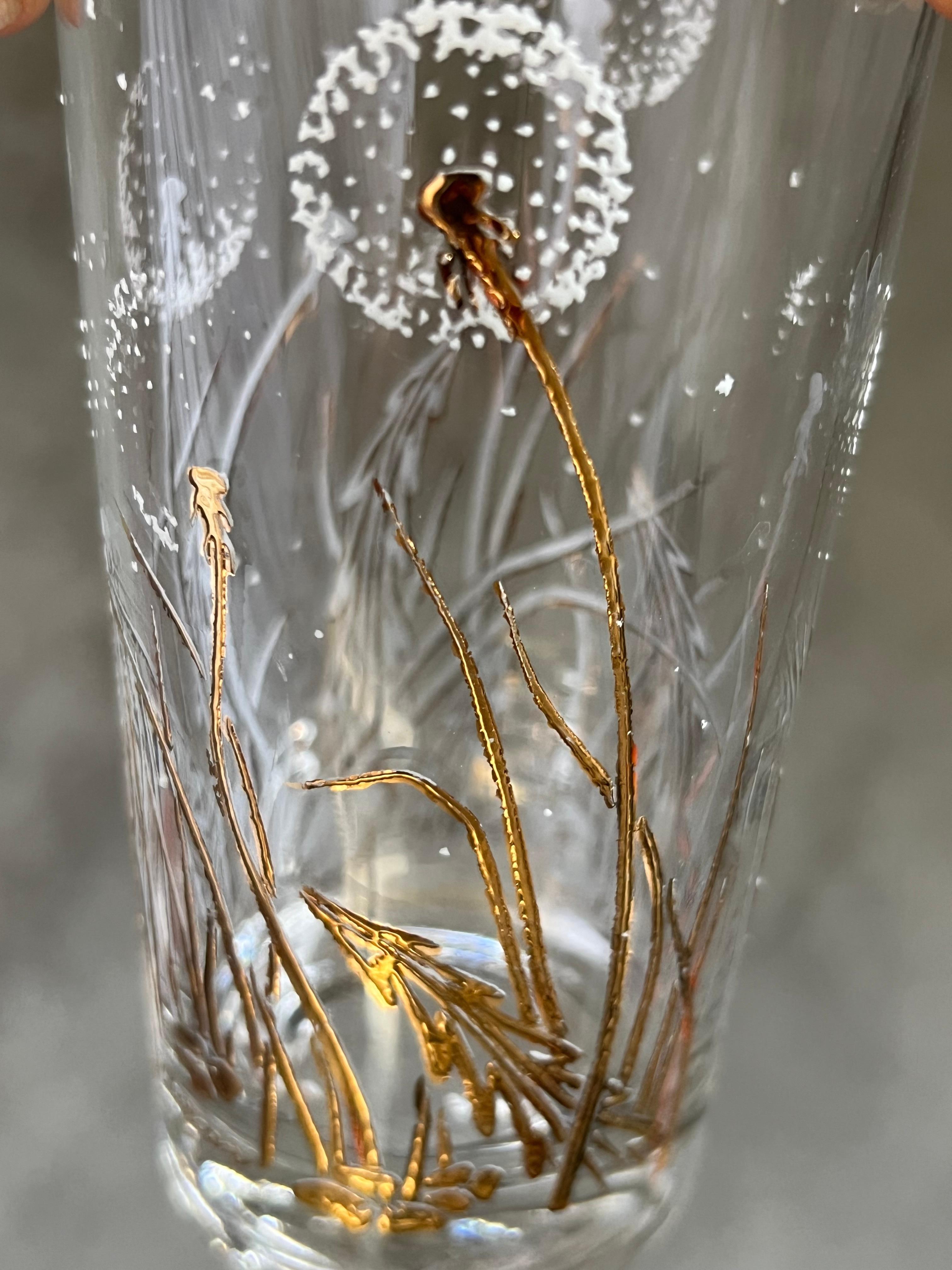 Stunning mid-century modern glassware set by Gregory Duncan for West Virginia Glass. This set of 6 “Dandelion” pattern glasses features a raised 22-karat gold texture stem with white enamel dandelion 'flower' and a scattering of 