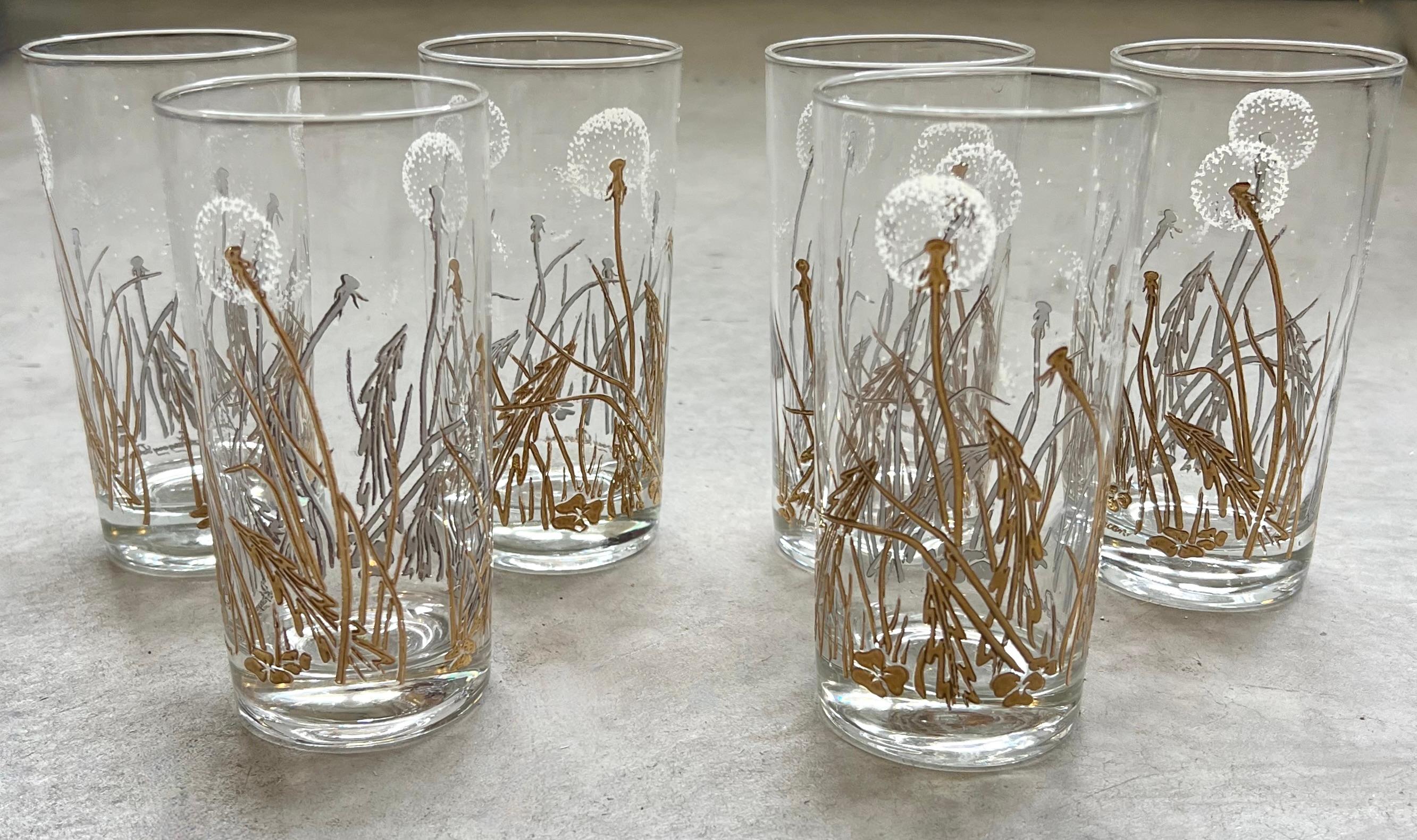Mid Century 22k Gold Dandelion Highball Glassware by Gregory Duncan - Set of Six In Excellent Condition For Sale In Draper, UT