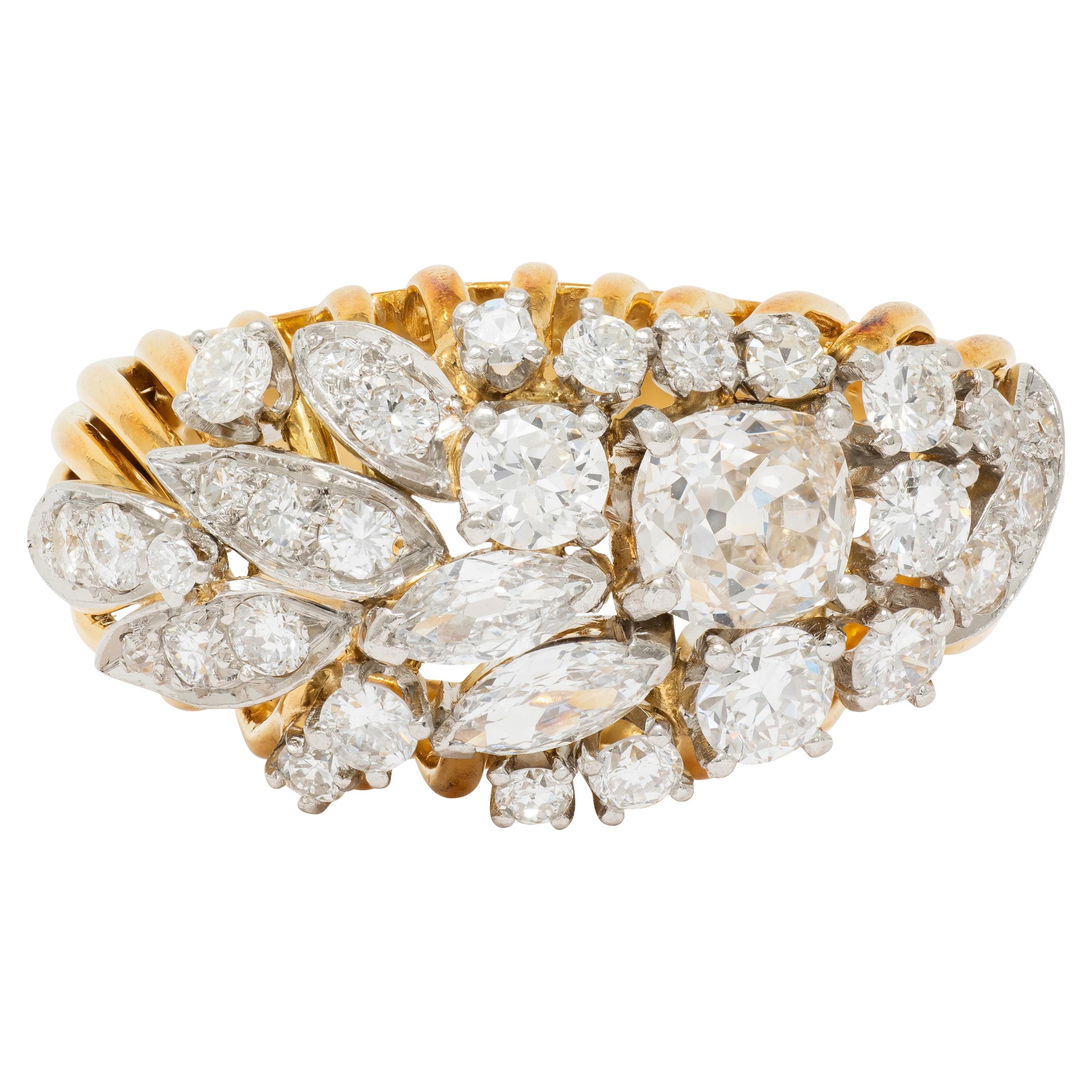 Mid-Century 2.34 CTW Diamond Platinum 18K Gold Vintage Wire Spray Cluster Ring For Sale