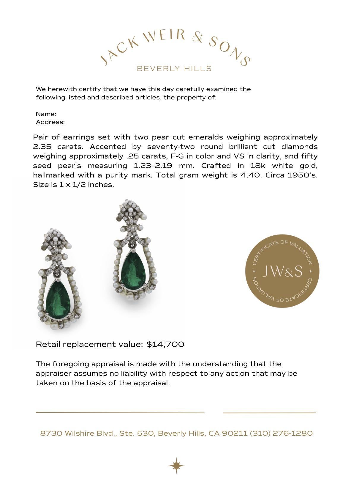 Boucles d'oreilles mi-siècle 2.35 carat émeraude diamant perle de rocaille or blanc 18k en vente 2