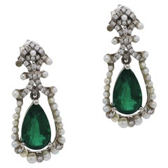 Mid Century 2.35 carat emerald diamond seed pearl 18k white gold earrings