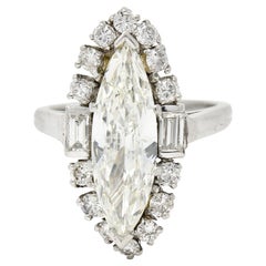 Midcentury 2.42 Carats Marquise Cut Diamond Platinum Halo Engagement Ring
