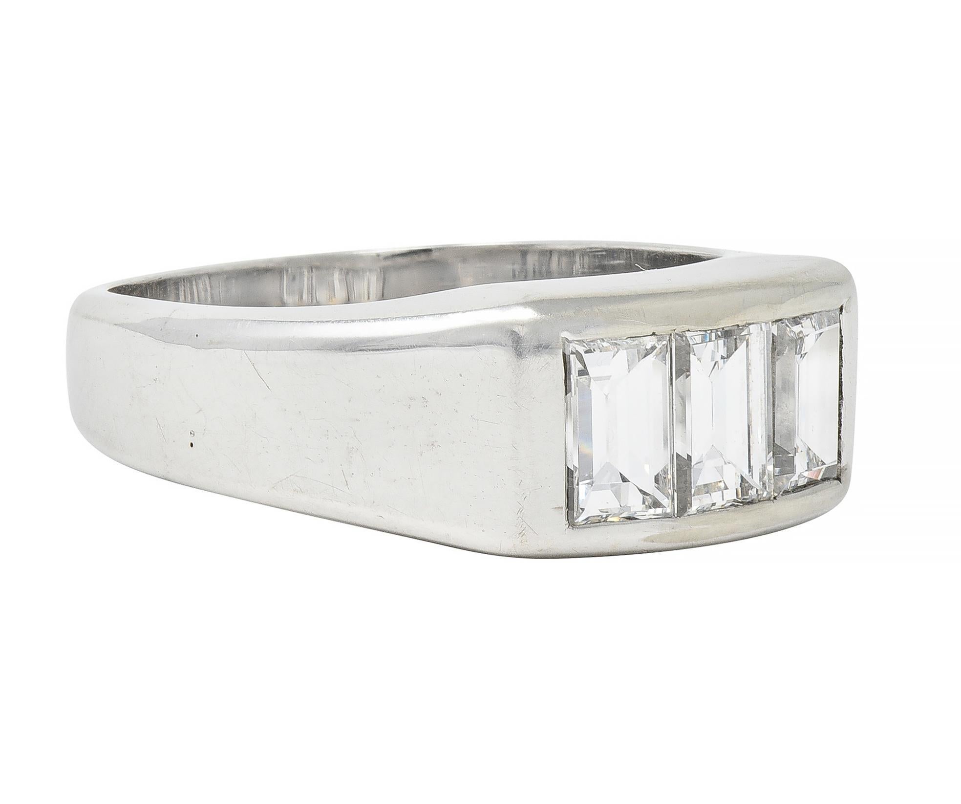 Baguette Cut Mid-Century 2.42 CTW Diamond 14 Karat White Gold Vintage Unisex Men's Ring For Sale