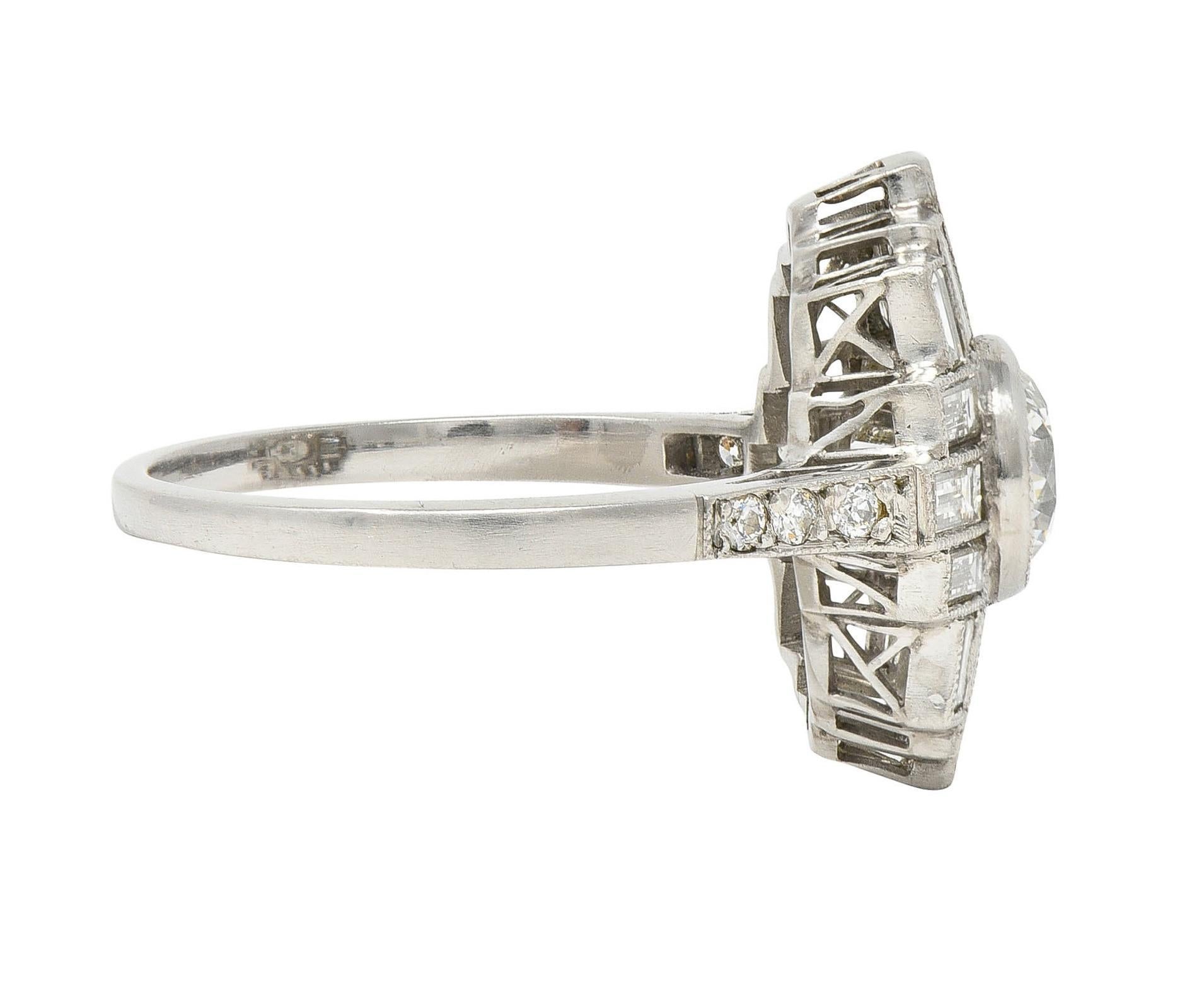 Baguette Cut Mid-Century 2.45 CTW Diamond Platinum Streamline Vintage Cluster Ring For Sale