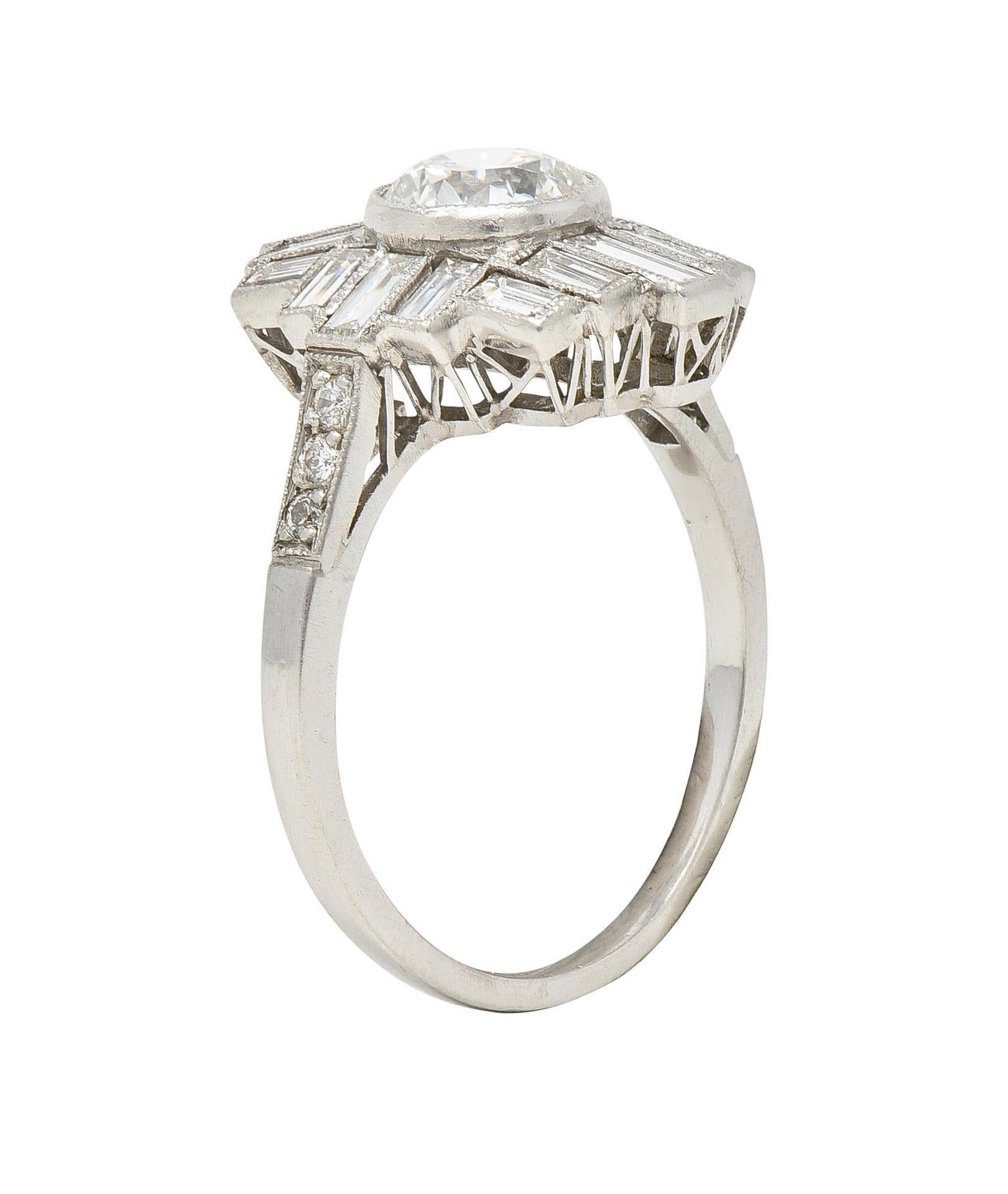Modern Mid-Century 2.45 CTW Diamond Platinum Streamline Vintage Cluster Ring For Sale