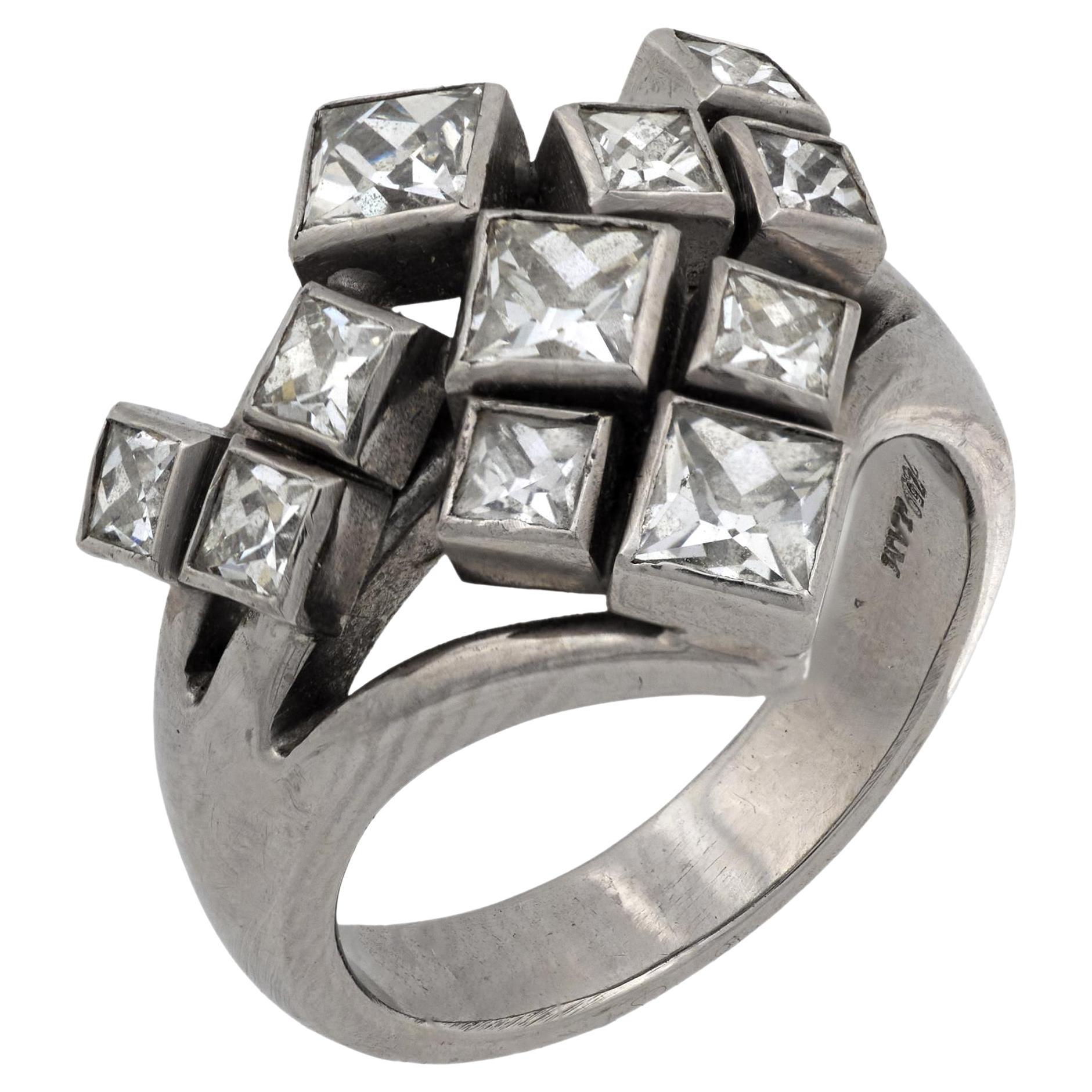 Anillo de cóctel de oro blanco de 18k con diamante talla francesa de 2,50 quilates de mediados de siglo