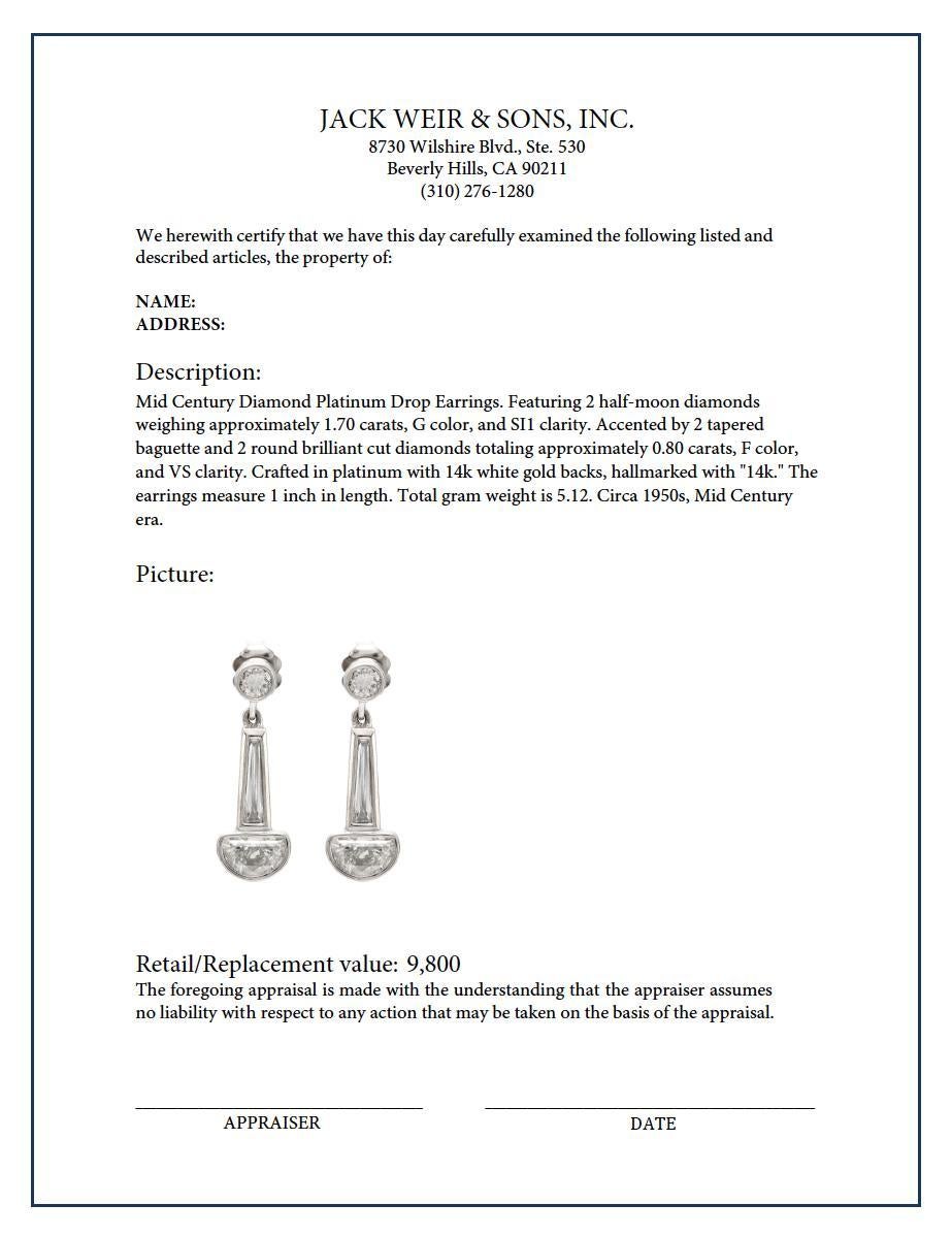 Mitte des Jahrhunderts 2,50 Karat Gesamtgewicht Diamant Platin Tropfenohrringe mit Diamanten im Zustand „Hervorragend“ in Beverly Hills, CA
