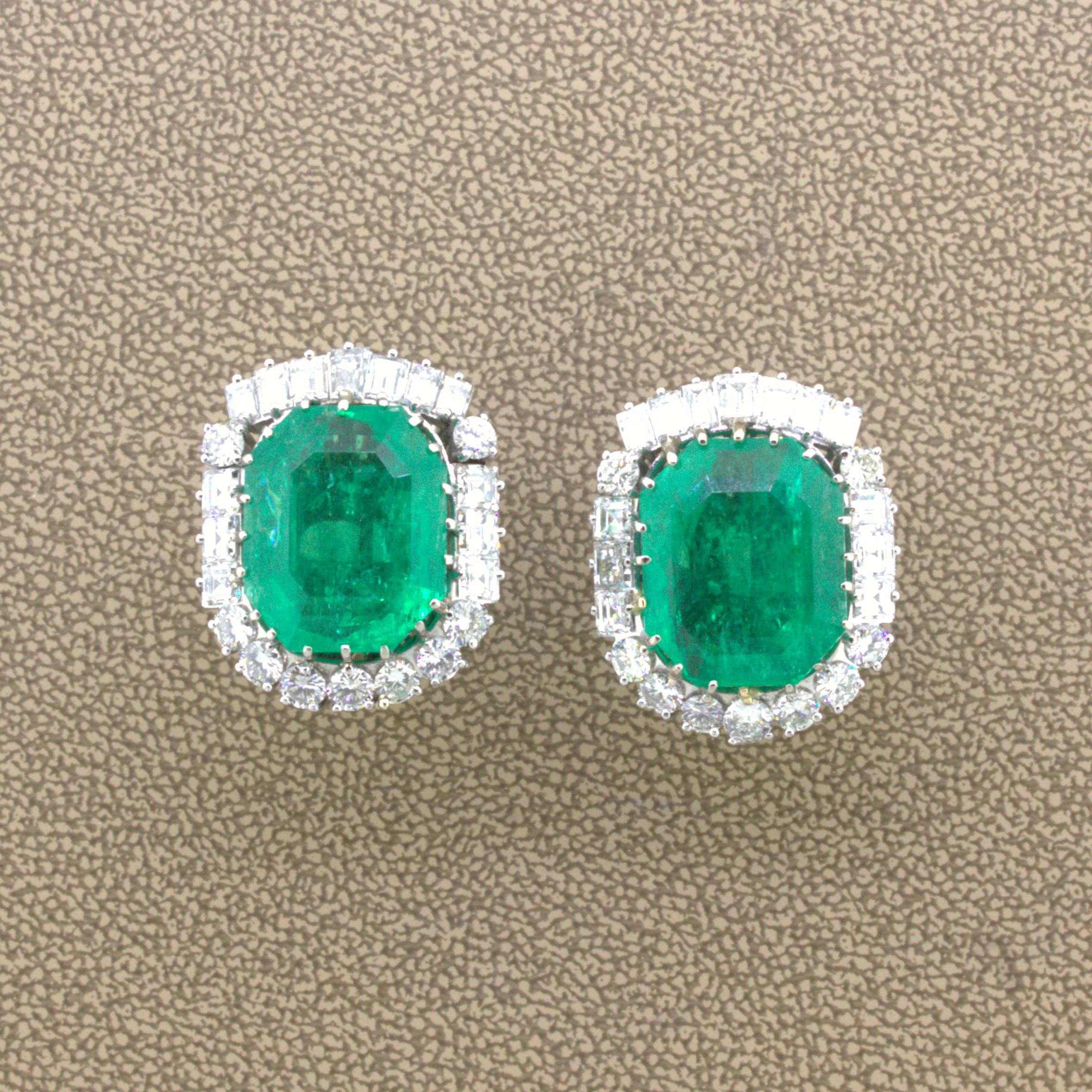 Mid-Century 25.04 Carat Colombian Emerald Diamond 18K Gold Earrings, GIA Certified

A very impressive pair of Colombian emerald earrings with each emerald weighing over 12 carats for a total of 25.04 carats. What makes these earrings impressive are