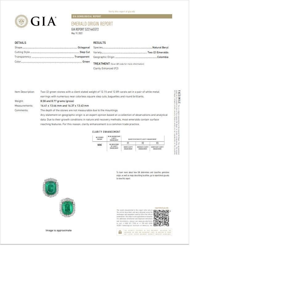 Mid-Century 25.04 Carat Colombian Emerald Diamond 18K Gold Earrings, GIA Cert. For Sale 2