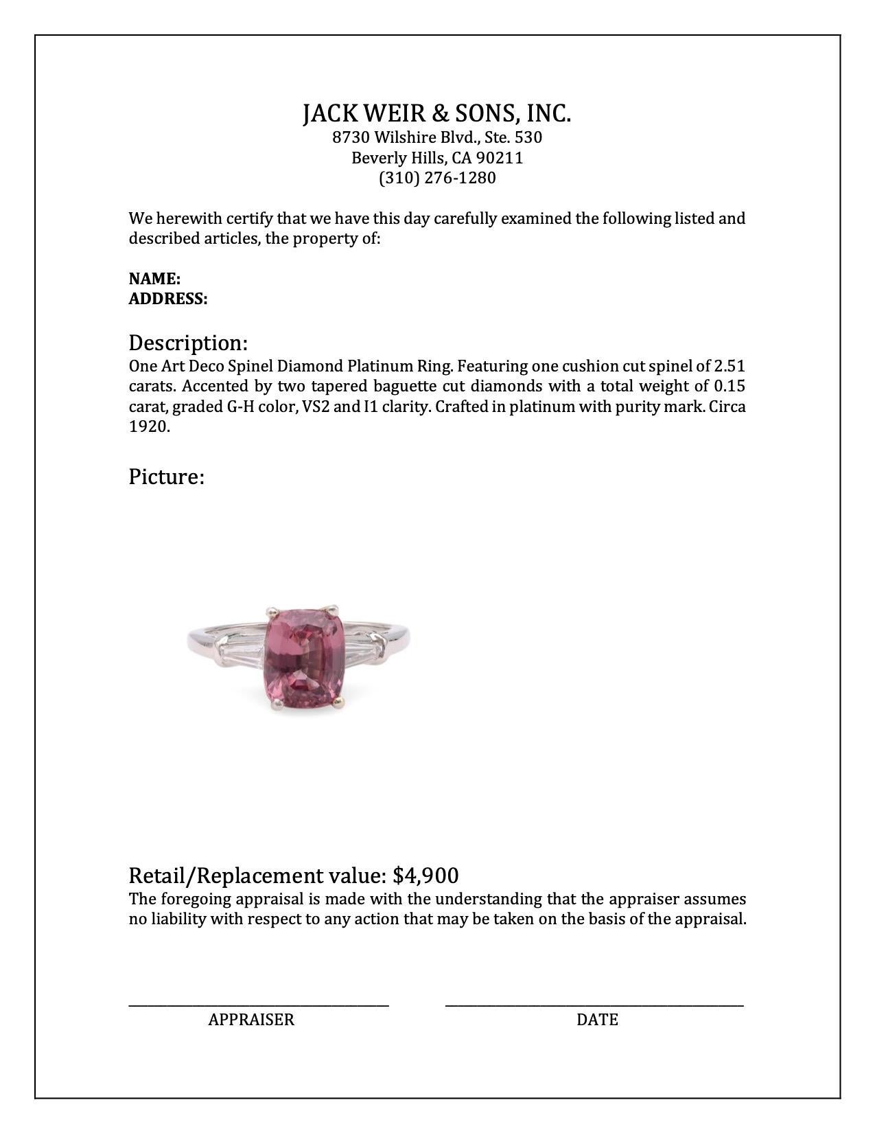 Women's or Men's Mid-Century 2.51 Carat Spinel Diamond Platinum Ring For Sale