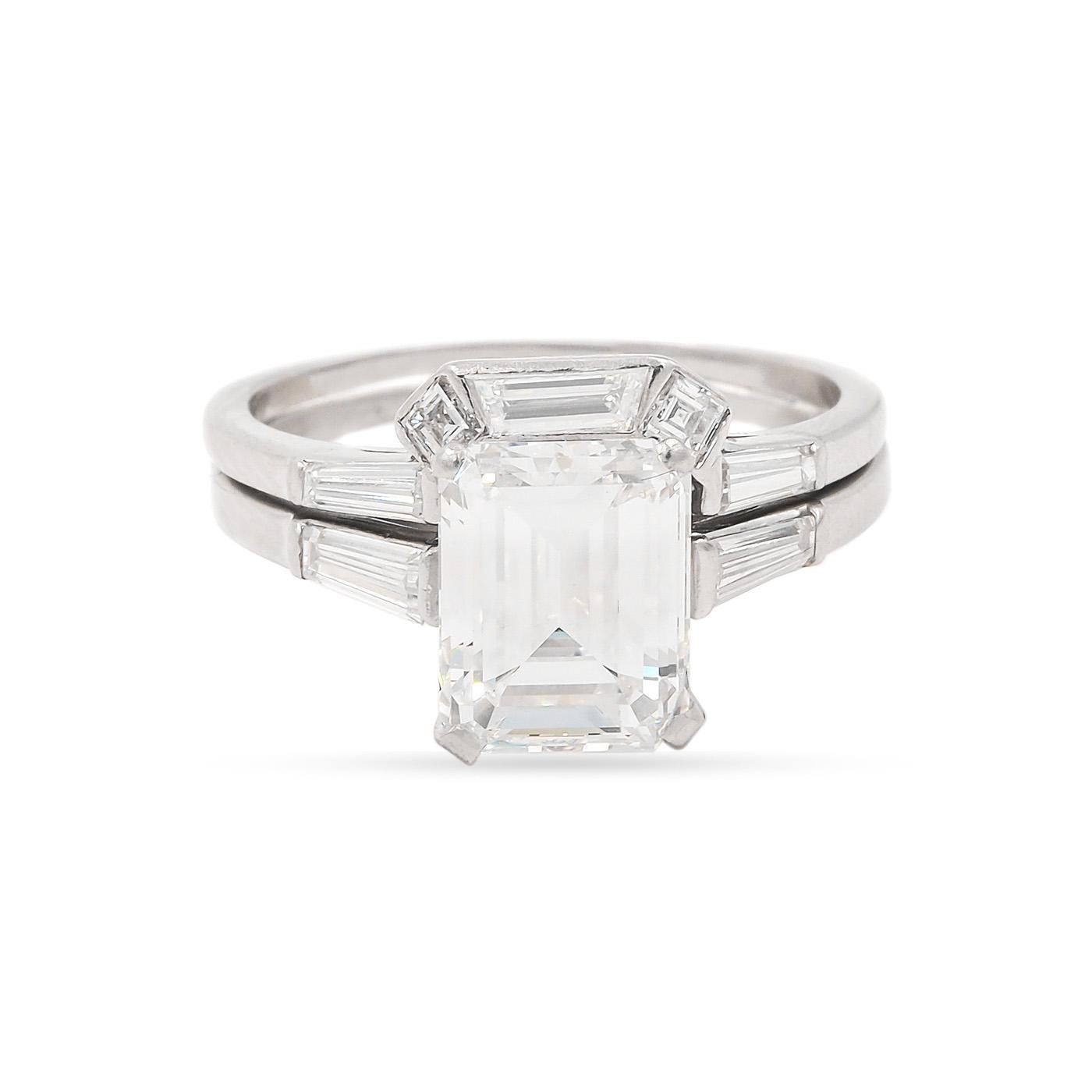 Modern Mid-Century 2.55 Carat GIA D Color & VS1 Emerald Cut Diamond Engagement Ring Set
