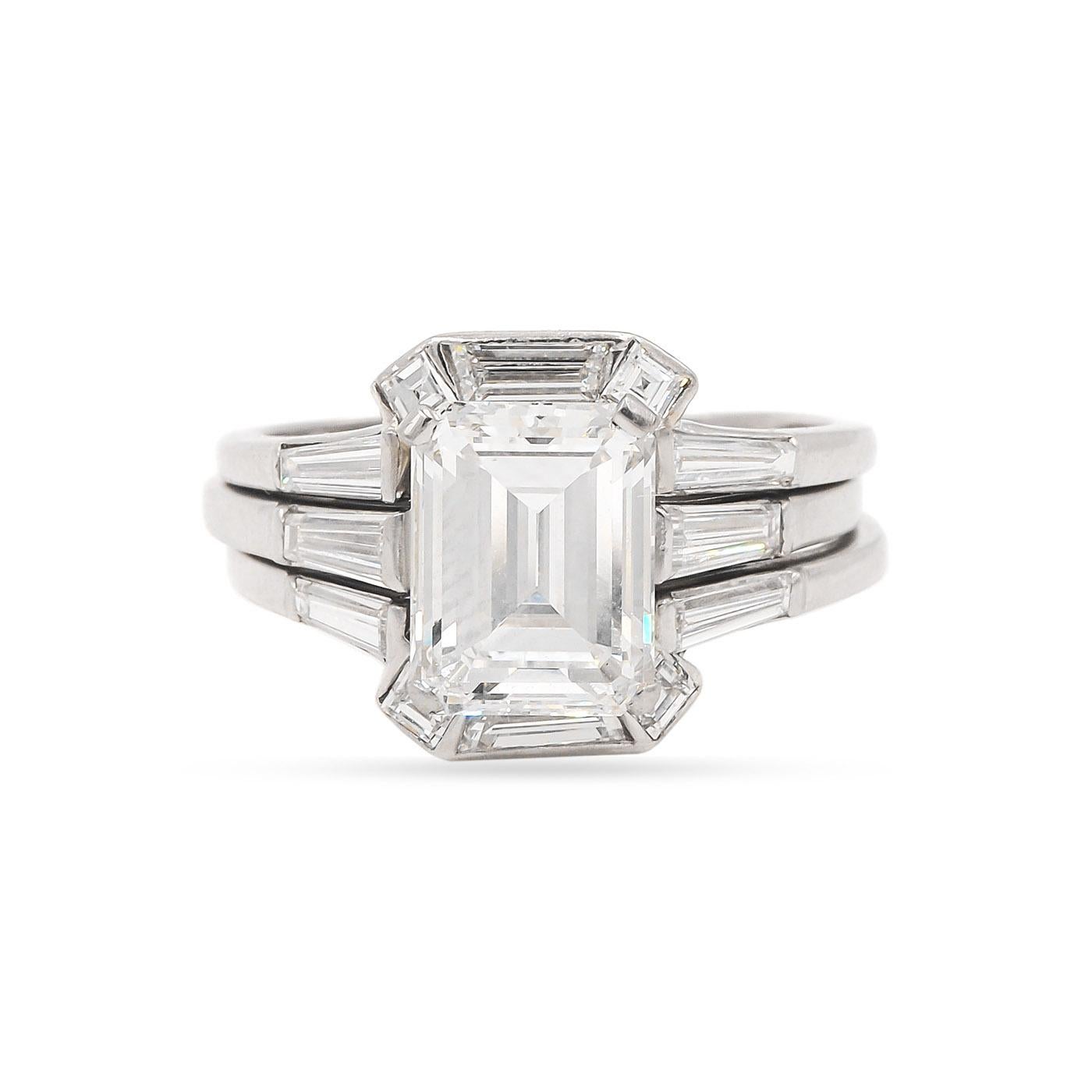 Mid-Century 2.55 Carat GIA D Color & VS1 Emerald Cut Diamond Engagement Ring Set In Excellent Condition In Los Angeles, CA