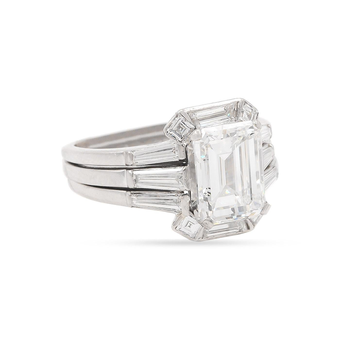 Women's Mid-Century 2.55 Carat GIA D Color & VS1 Emerald Cut Diamond Engagement Ring Set