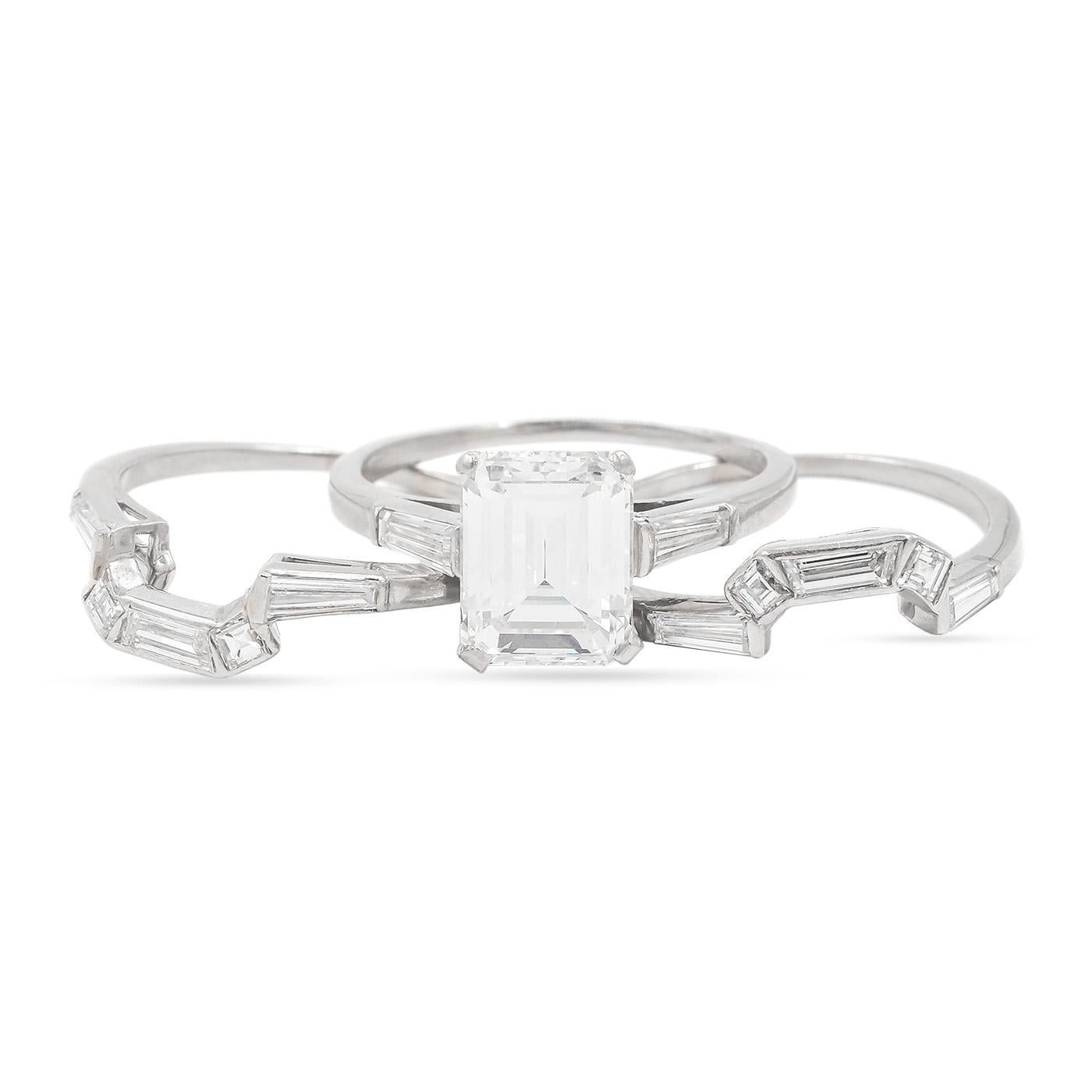 Mid-Century 2.55 Carat GIA D Color & VS1 Emerald Cut Diamond Engagement Ring Set 1