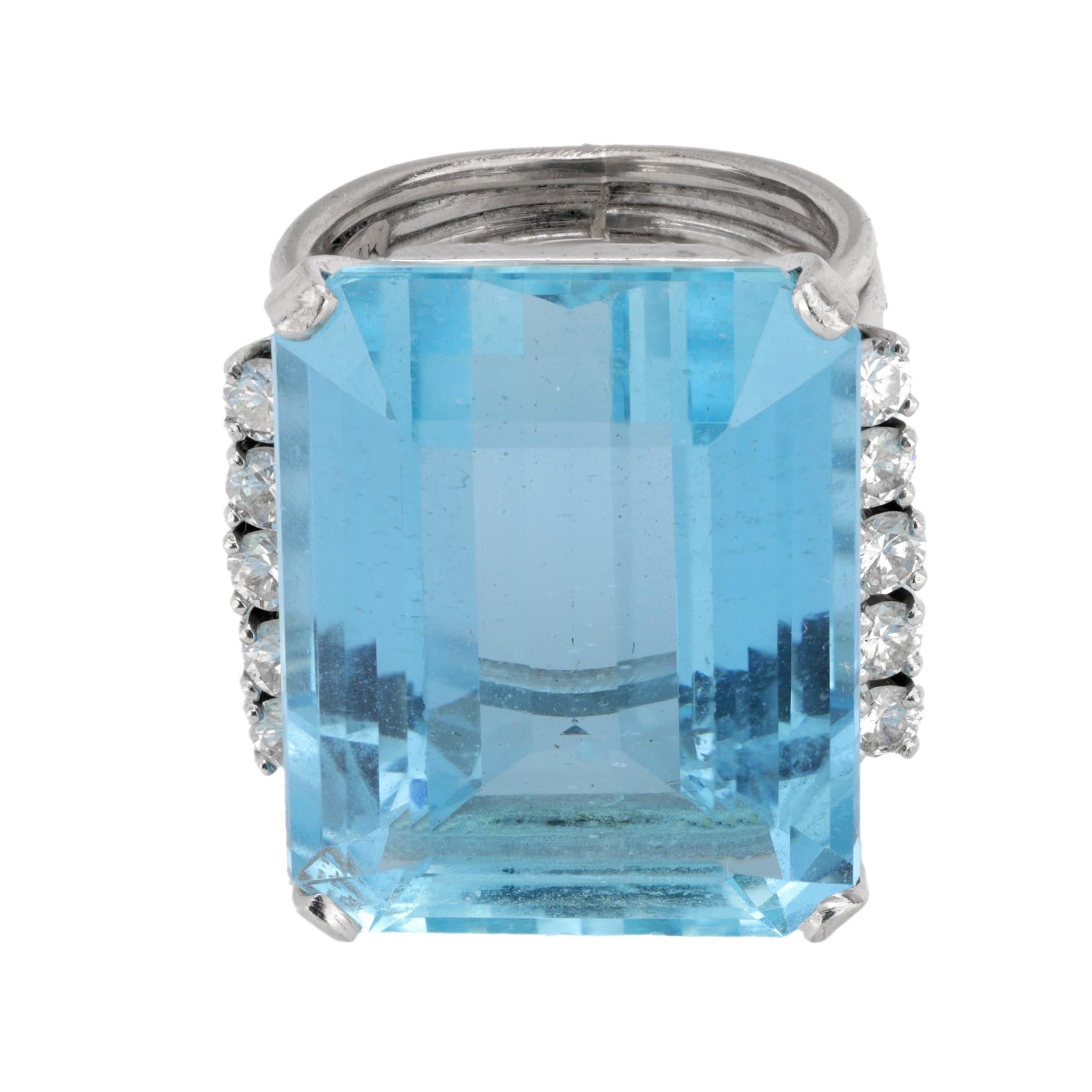 Modern Mid Century 25.50 carat aquamarine diamond 14k white gold cocktail ring