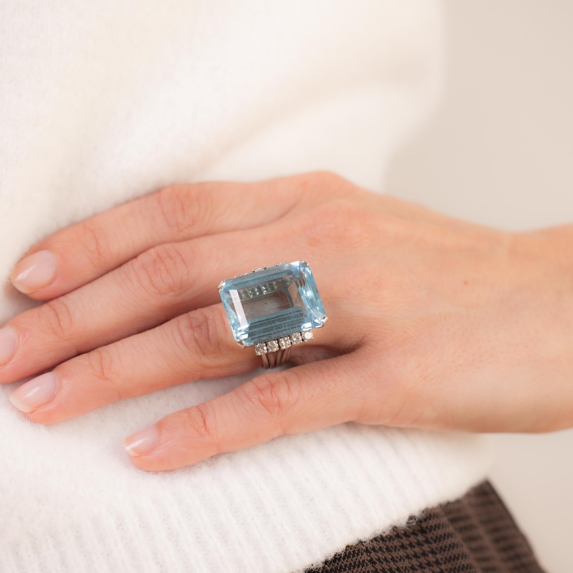 Emerald Cut Mid Century 25.50 carat aquamarine diamond 14k white gold cocktail ring