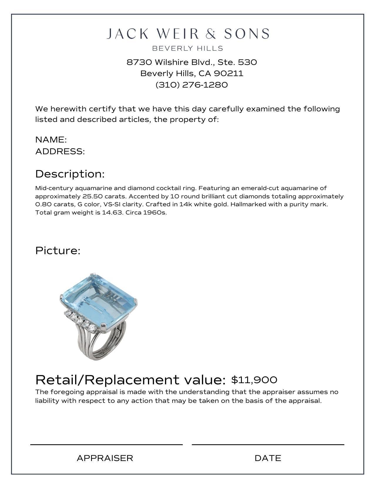 Women's or Men's Mid Century 25.50 carat aquamarine diamond 14k white gold cocktail ring