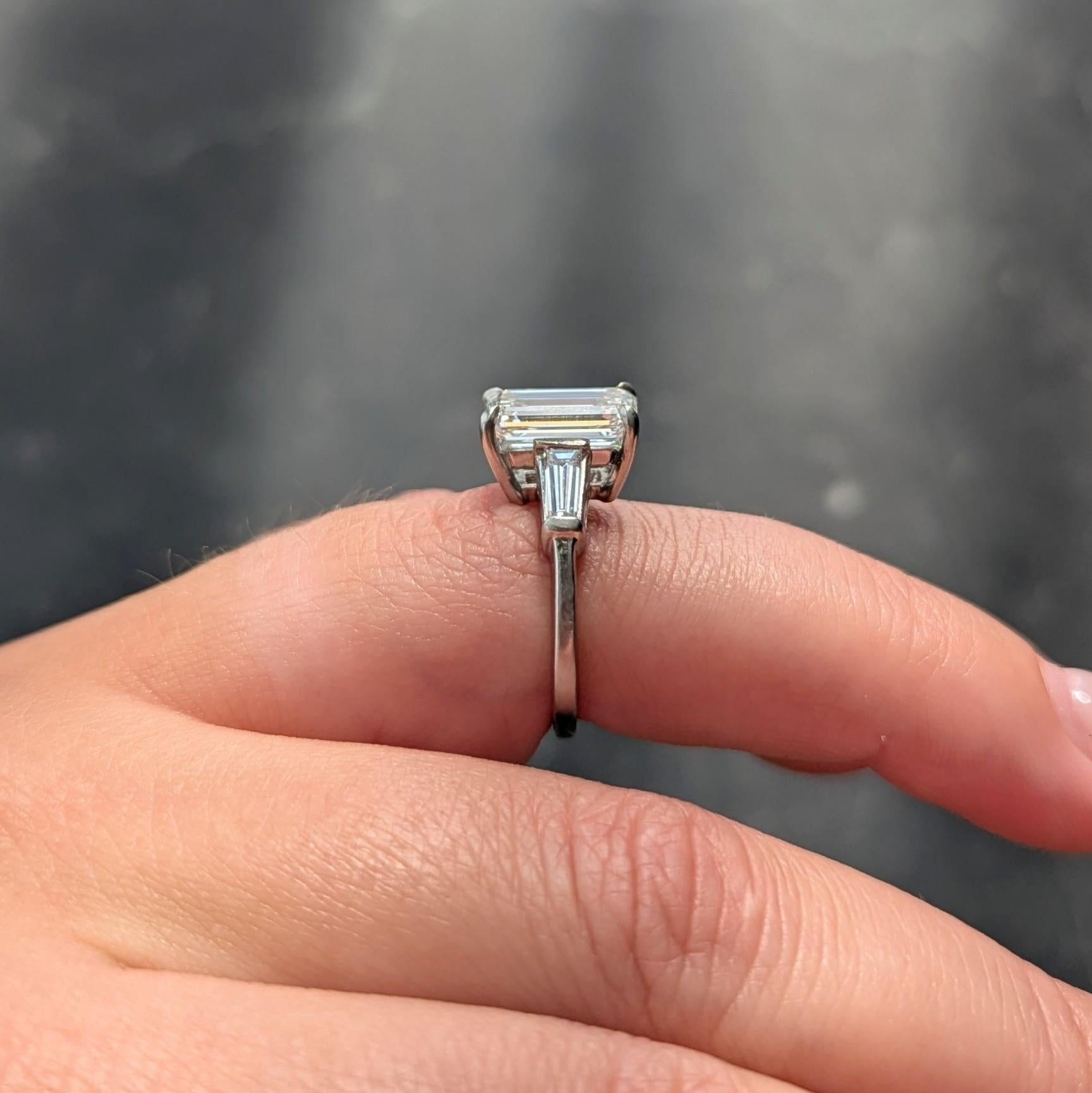 Mid-Century 2.56 CTW Emerald Cut Diamond Platinum Vintage Engagement Ring GIA For Sale 8