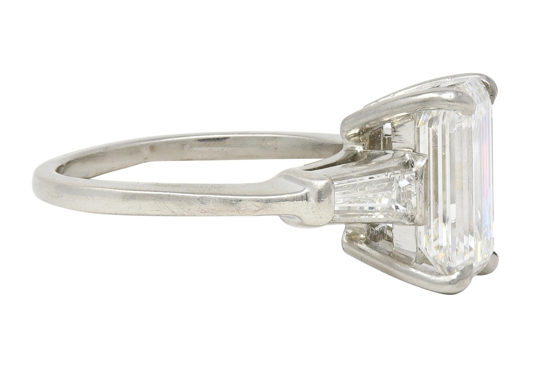 Mid-Century 2.56 CTW Emerald Cut Diamond Platinum Vintage Engagement Ring GIA In Excellent Condition For Sale In Philadelphia, PA