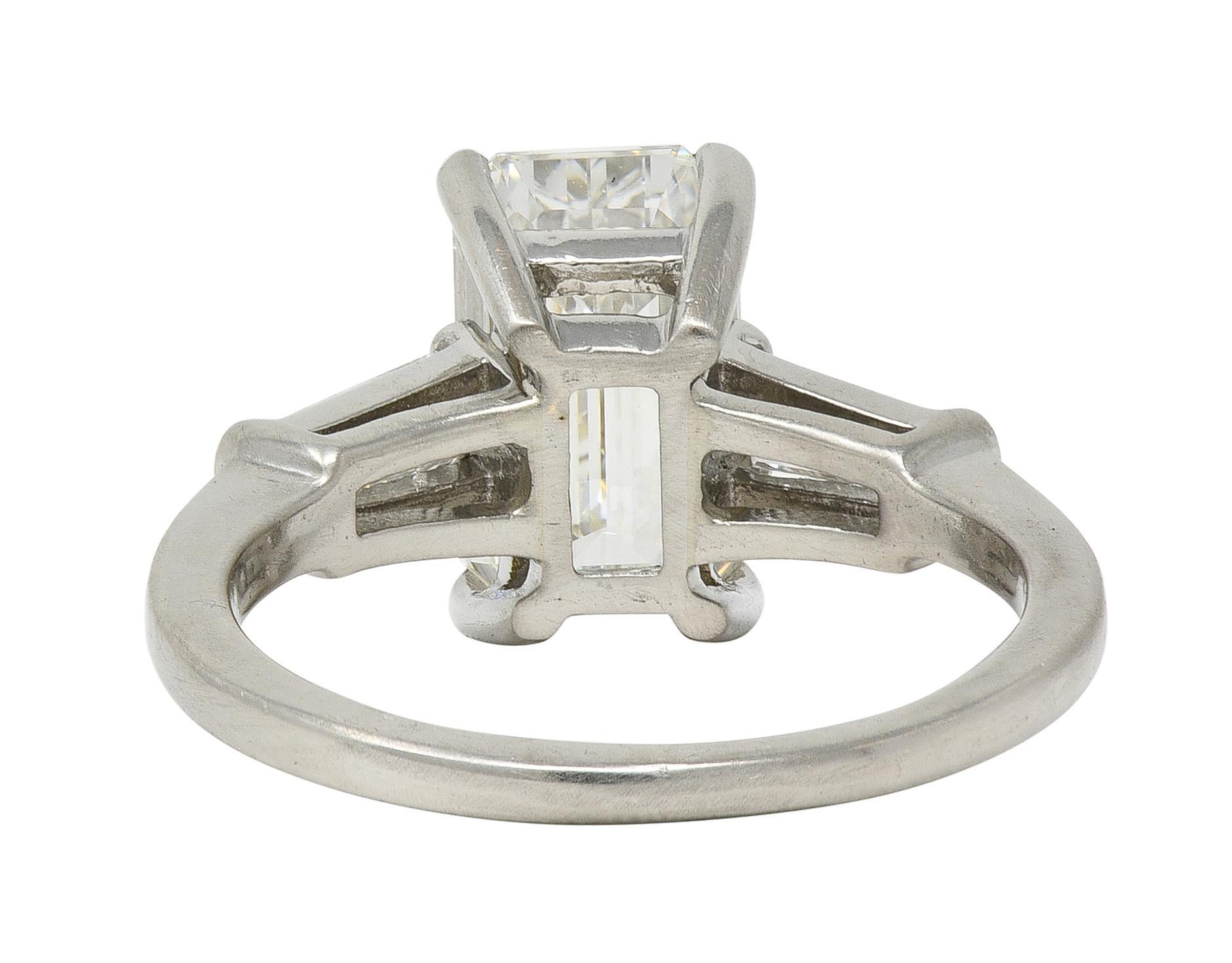 Women's Mid-Century 2.56 CTW Emerald Cut Diamond Platinum Vintage Engagement Ring GIA For Sale